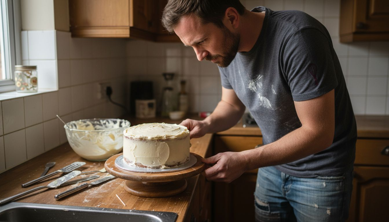 Home baker smoothing icing onto wedding cake
