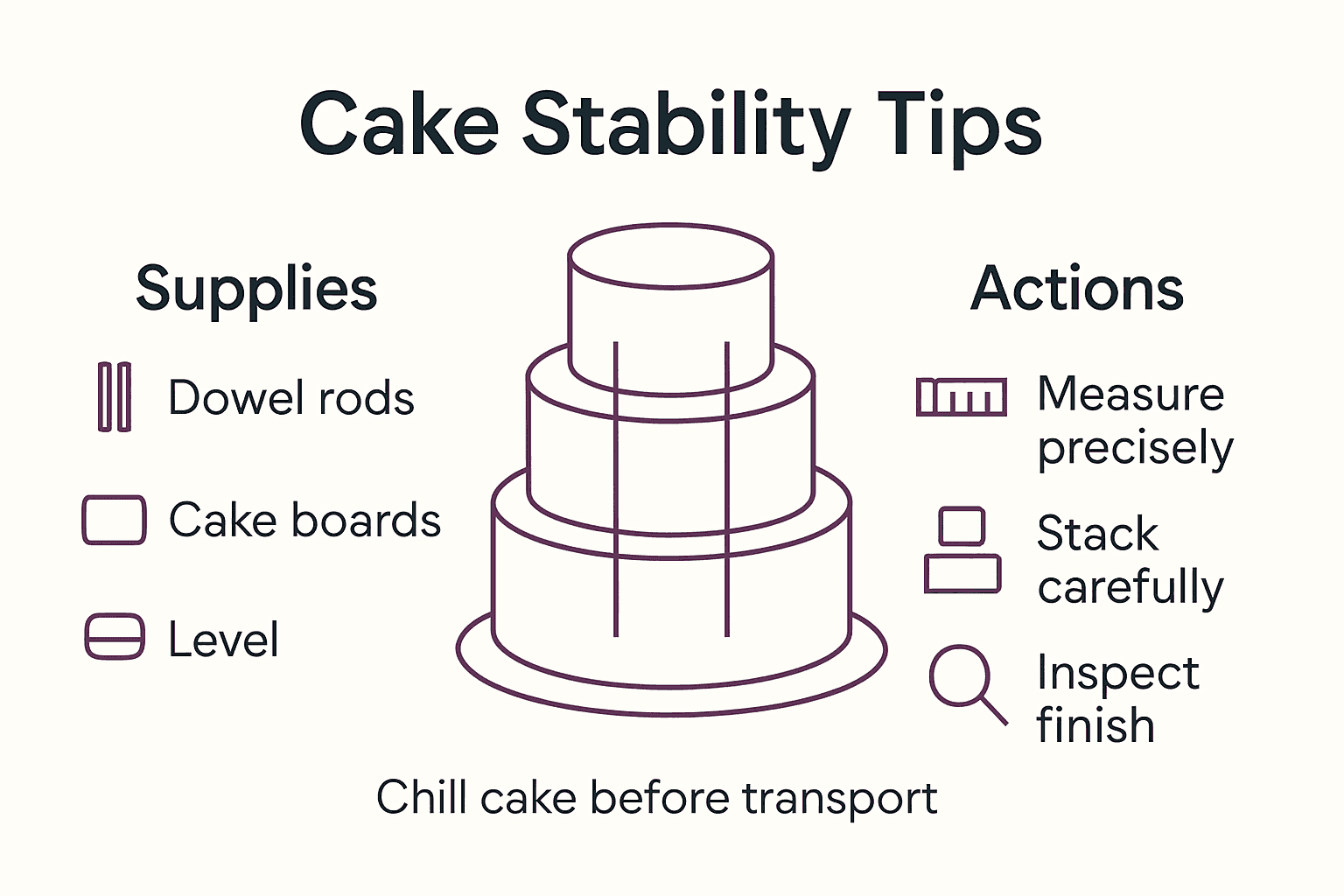 Infographic showing tools and steps for stable wedding cakes