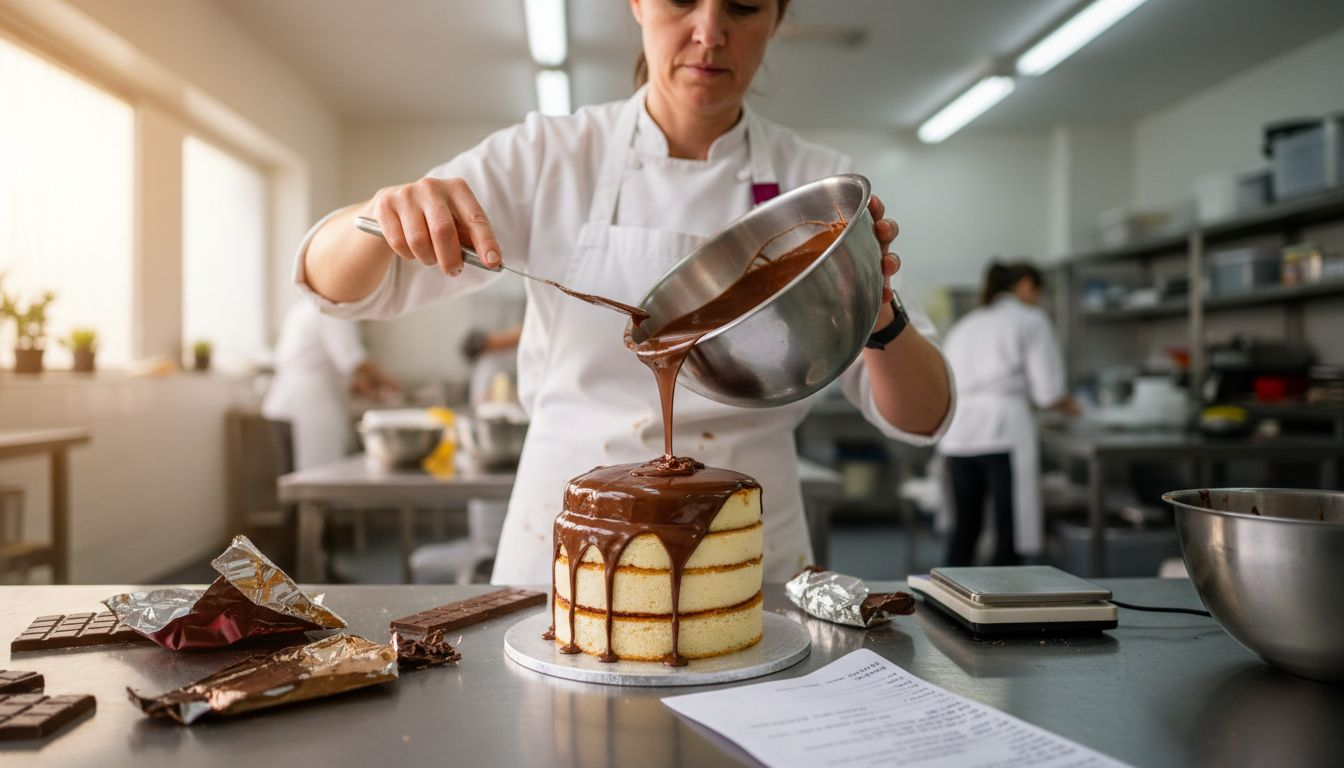 Chef pouring ganache on cake in kitchen