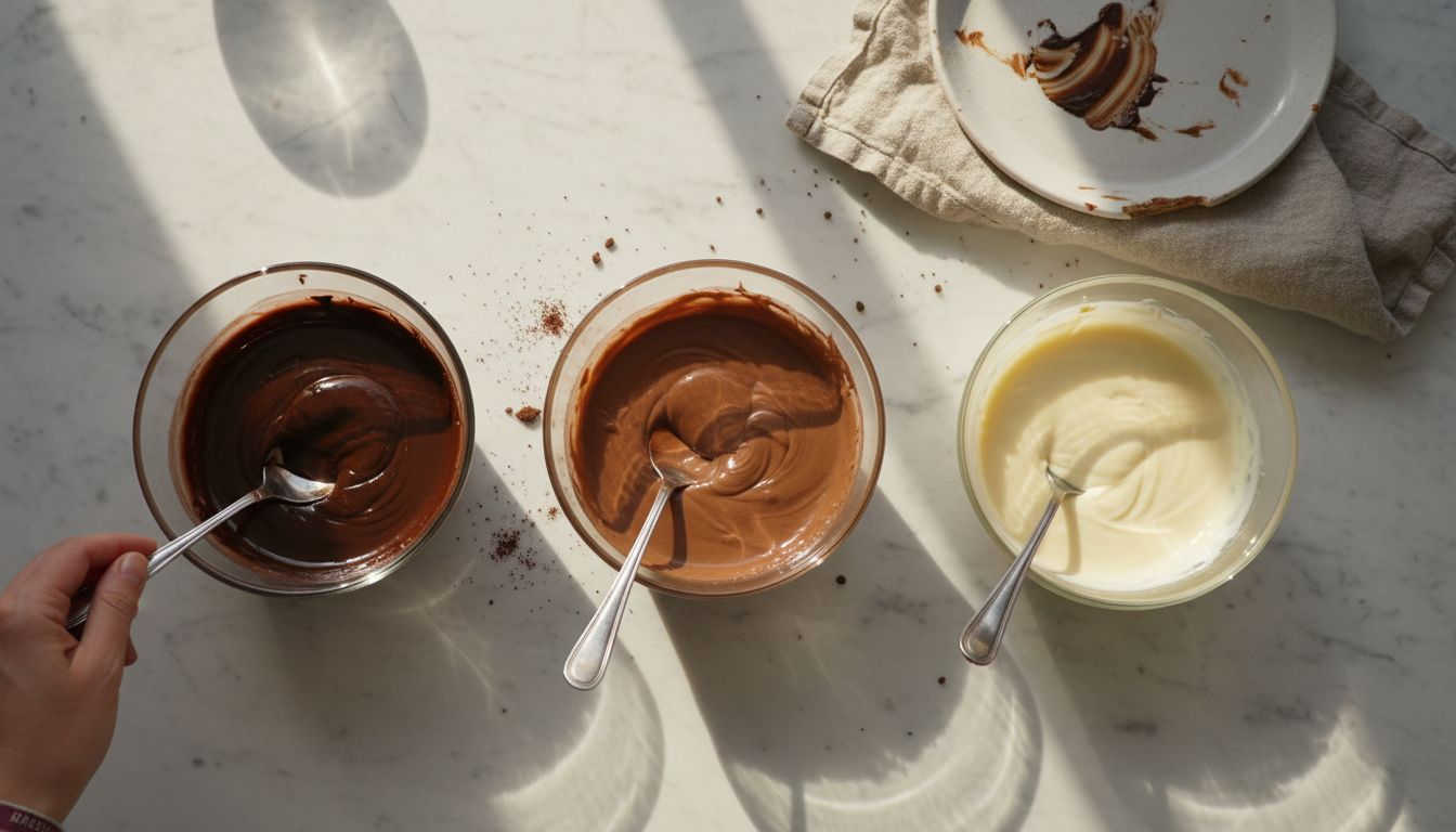 Three types of ganache on kitchen island