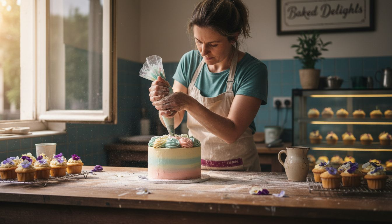 Baker decorating pastel buttercream cake