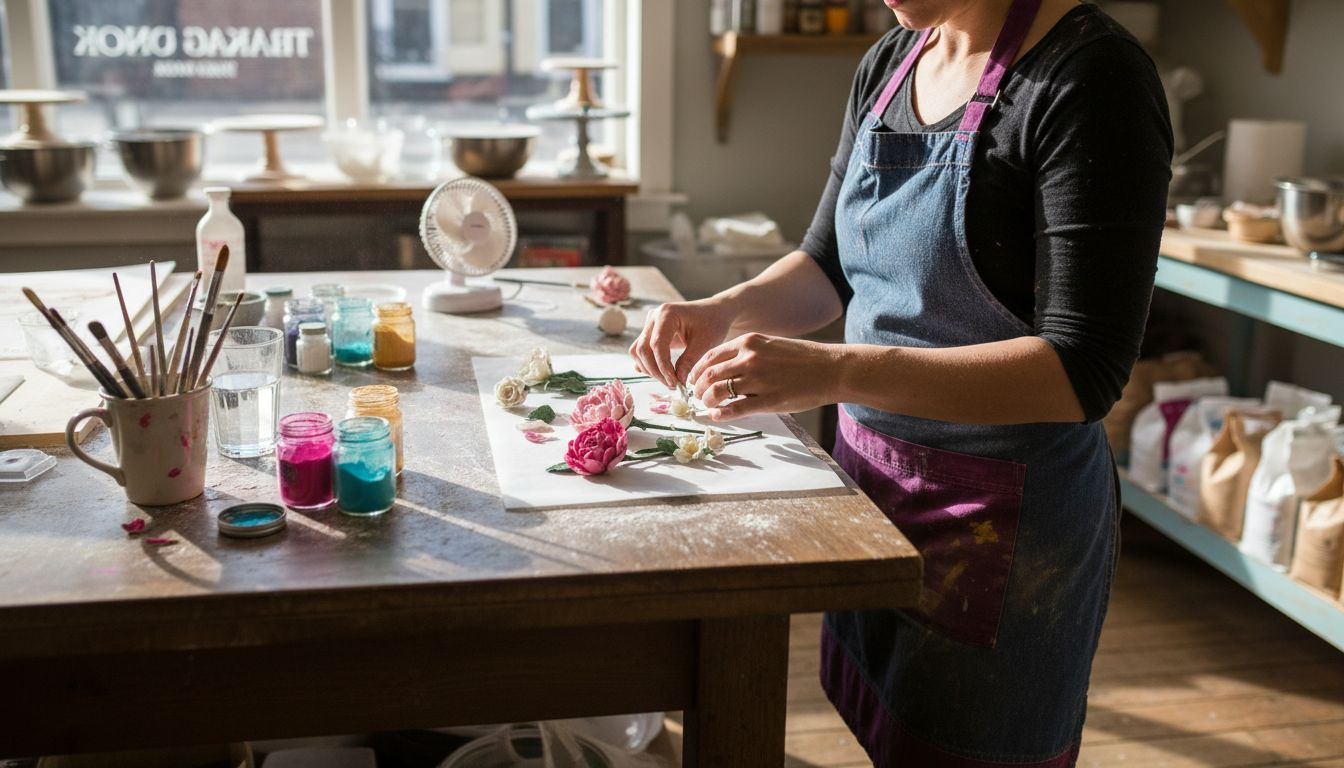 Cake decorator preparing workspace for dusting