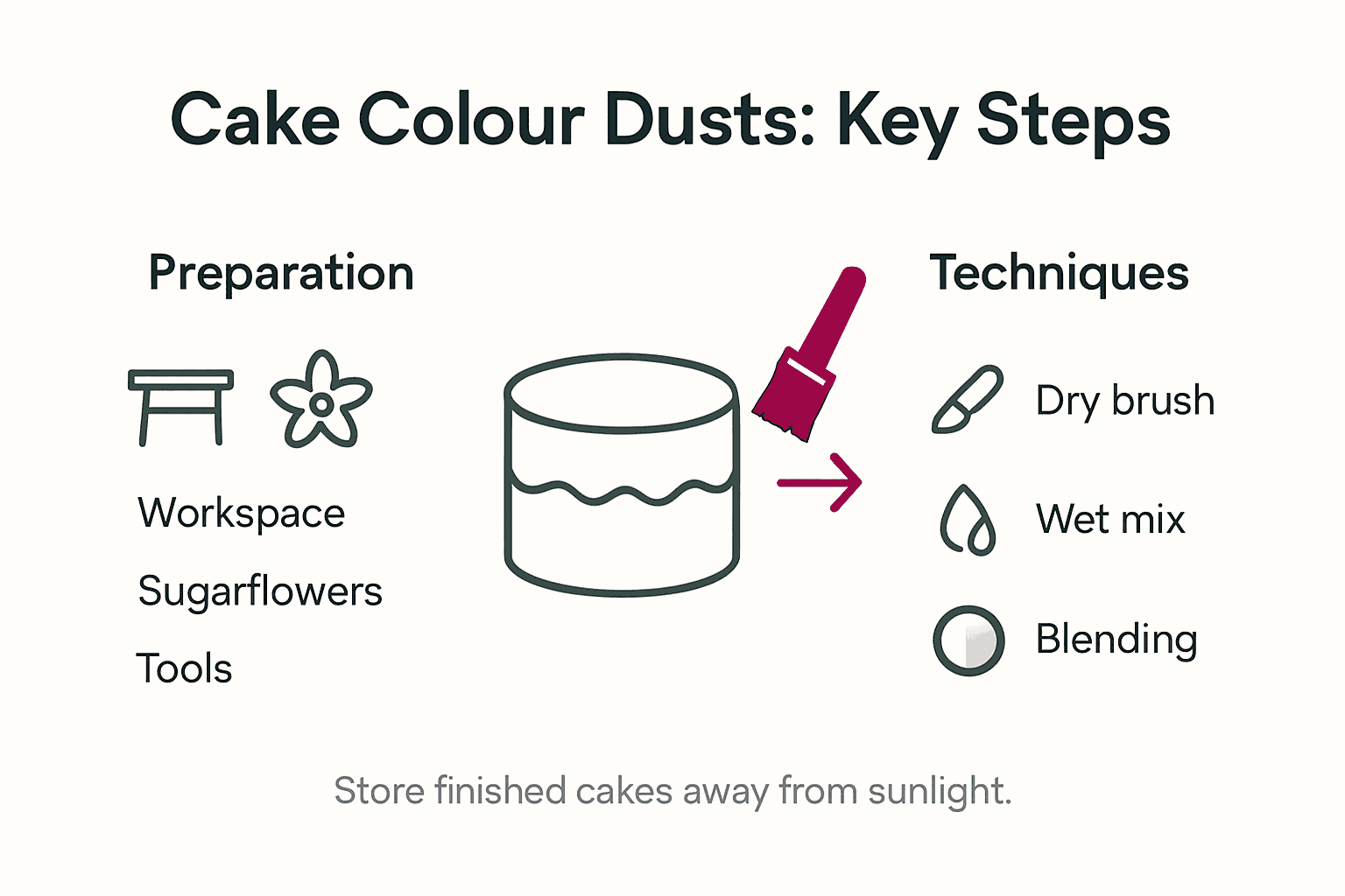 Infographic of main cake dusting steps and techniques