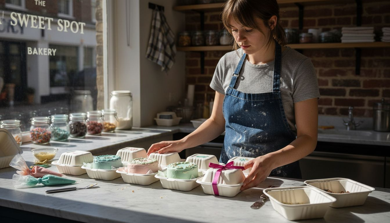 Baker preparing bento cakes at bakery counter