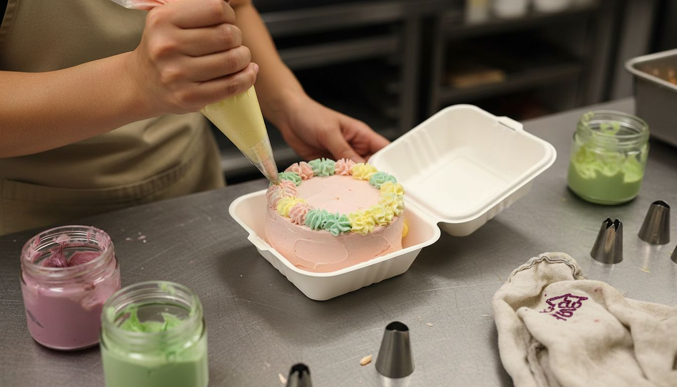 Hand decorating bento cake with buttercream