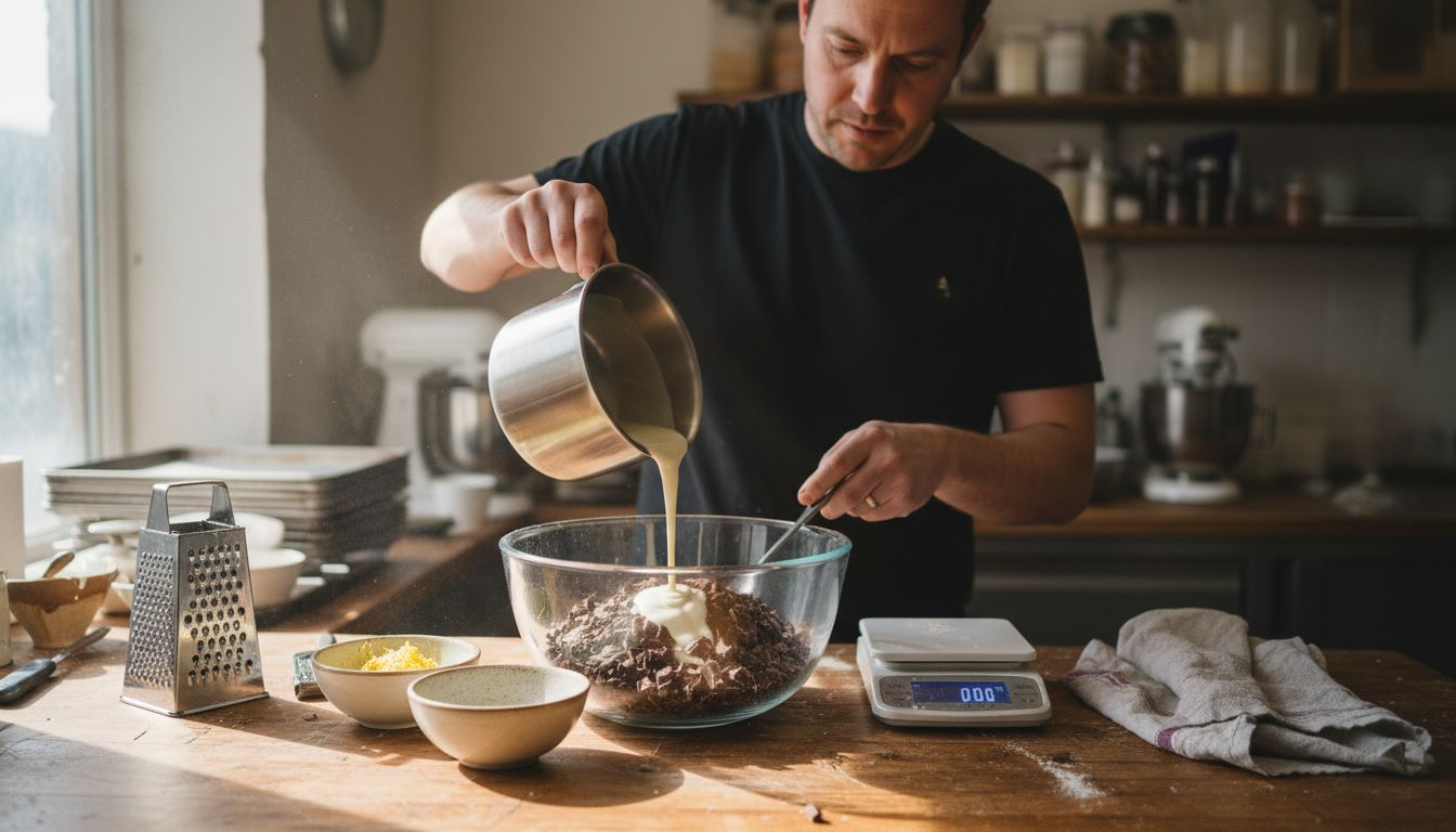 Pastry chef preparing ganache with Goldings Chocolate