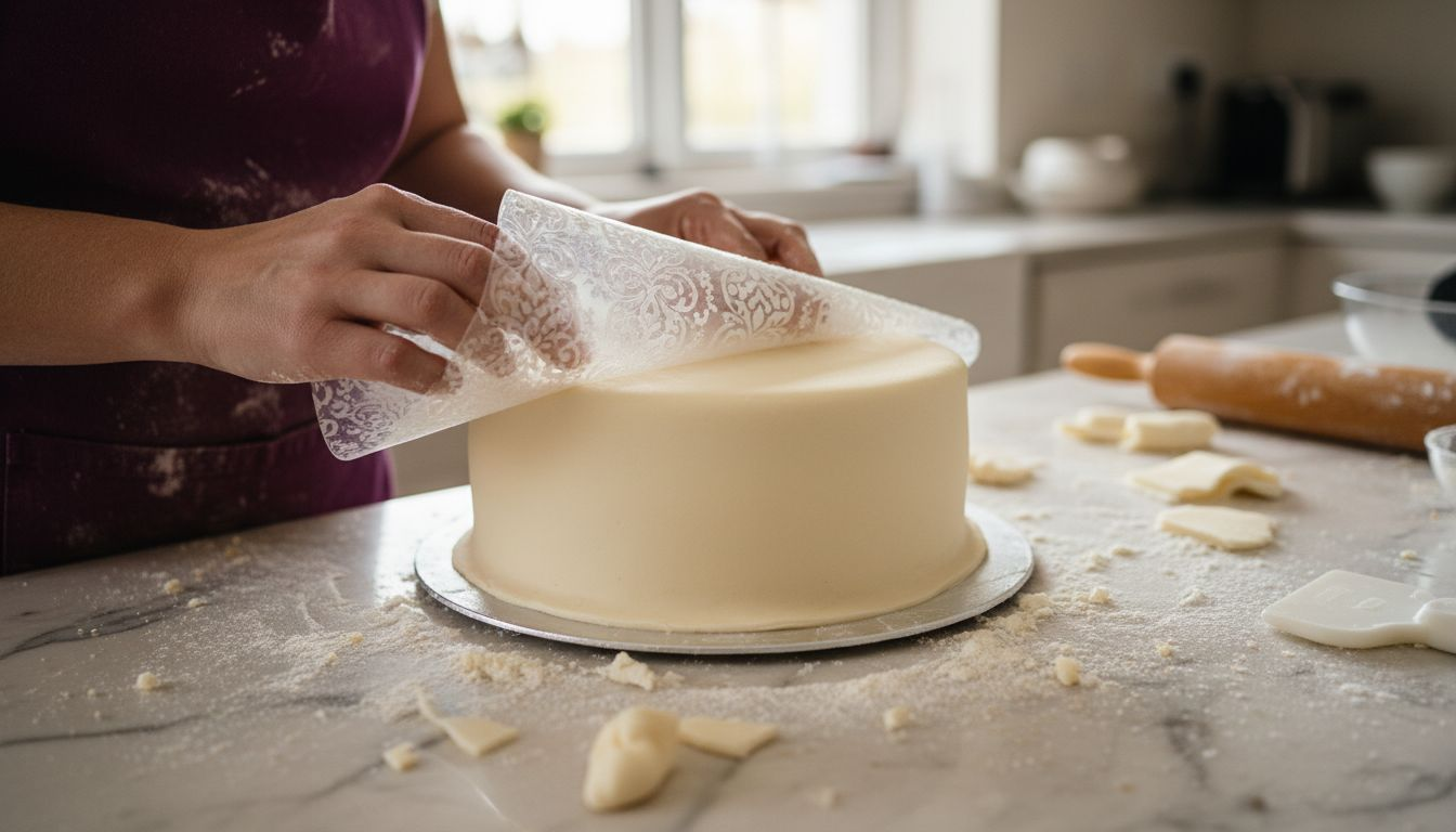 Hands applying texture mat to fondant cake