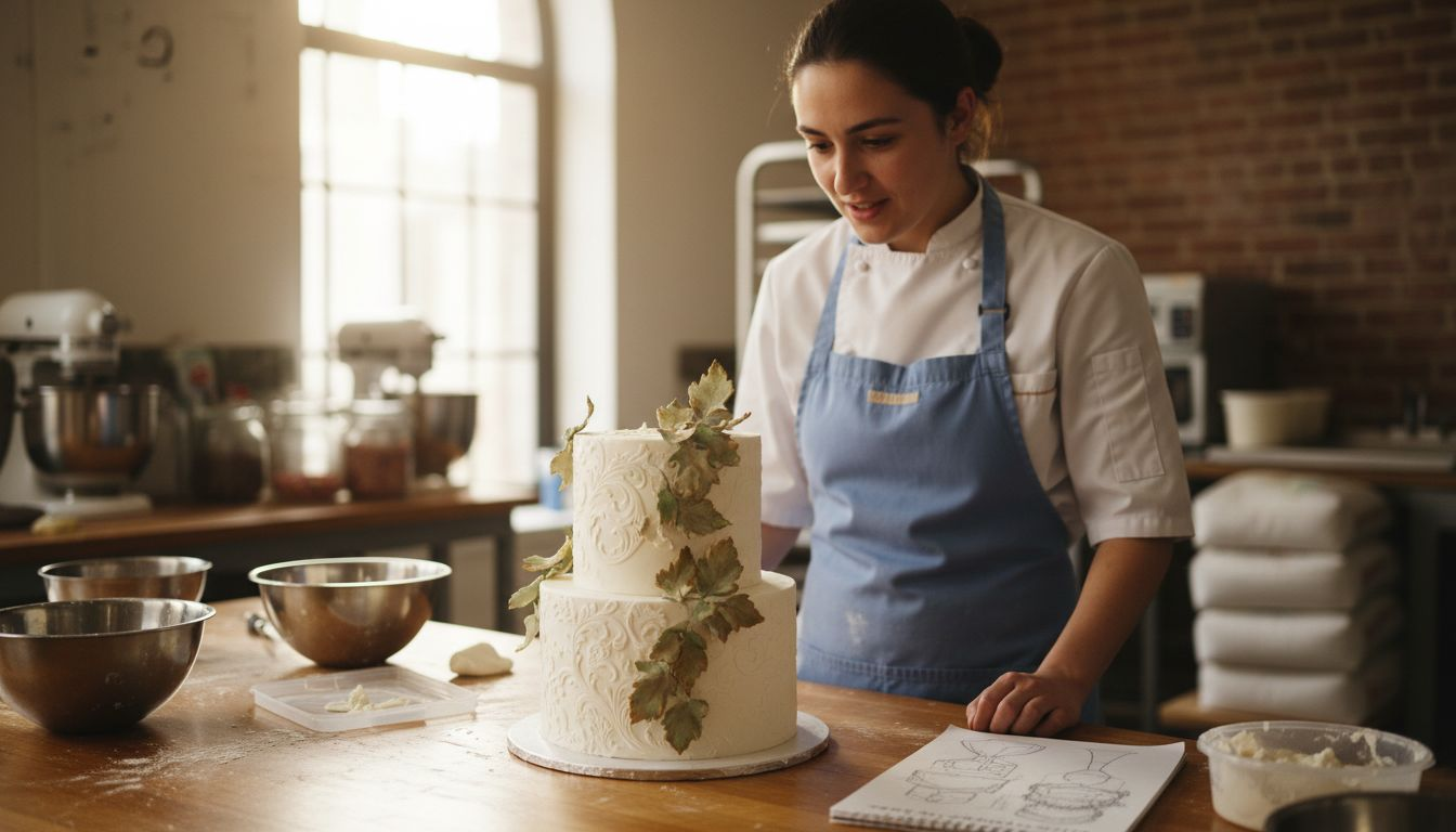 Pastry chef finishing textured embossed cake