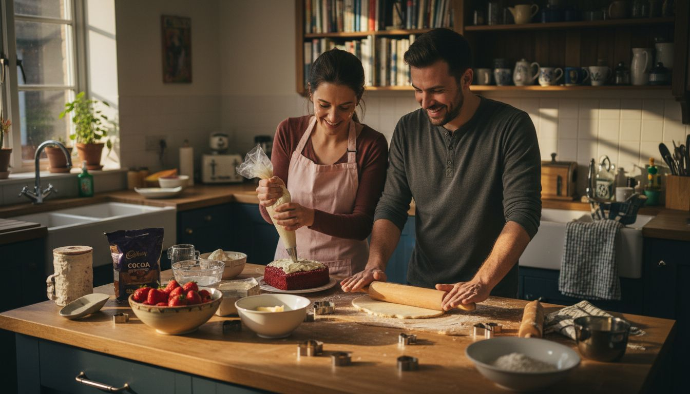 Couple baking romantic cakes together