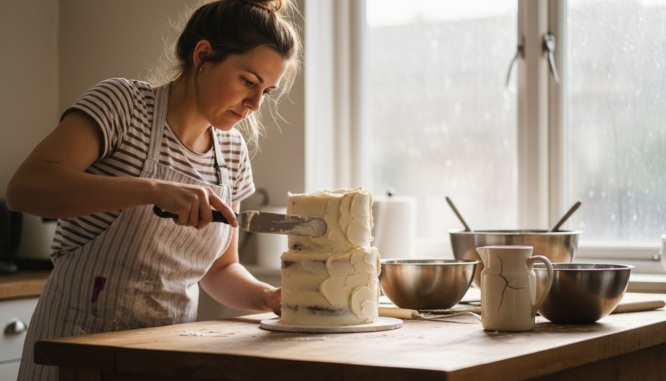 Decorator applying textured buttercream to cake
