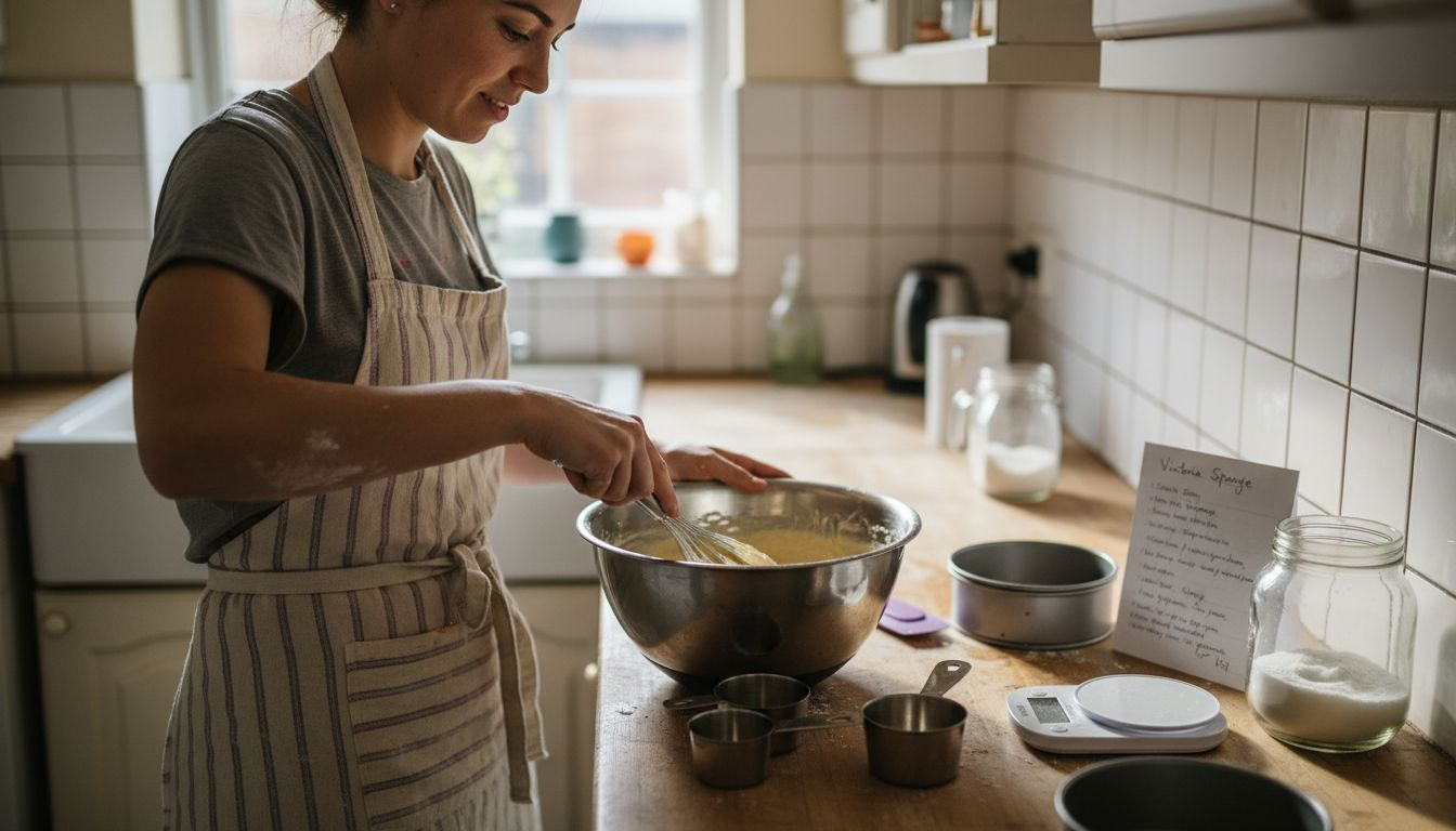 Beginner baker using essential kitchen tools
