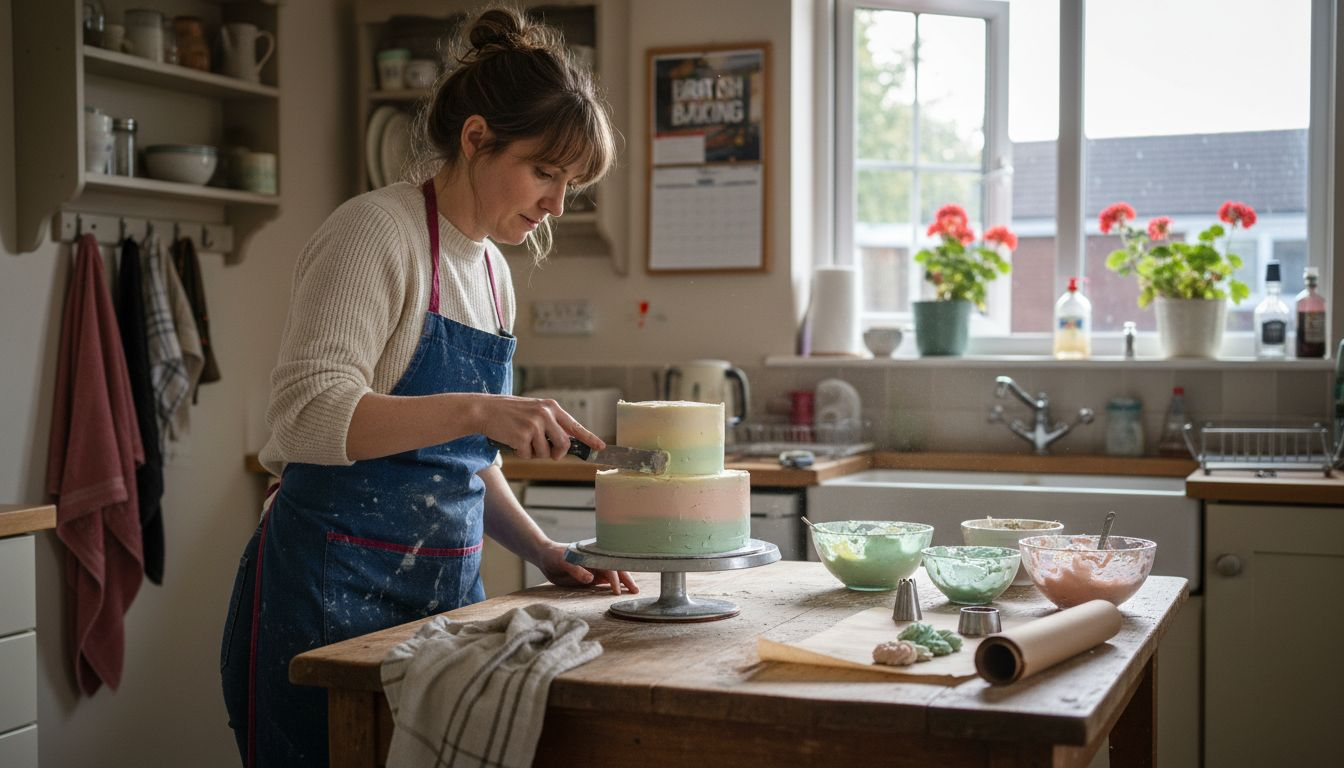 Beginner smoothing buttercream on cake in home kitchen