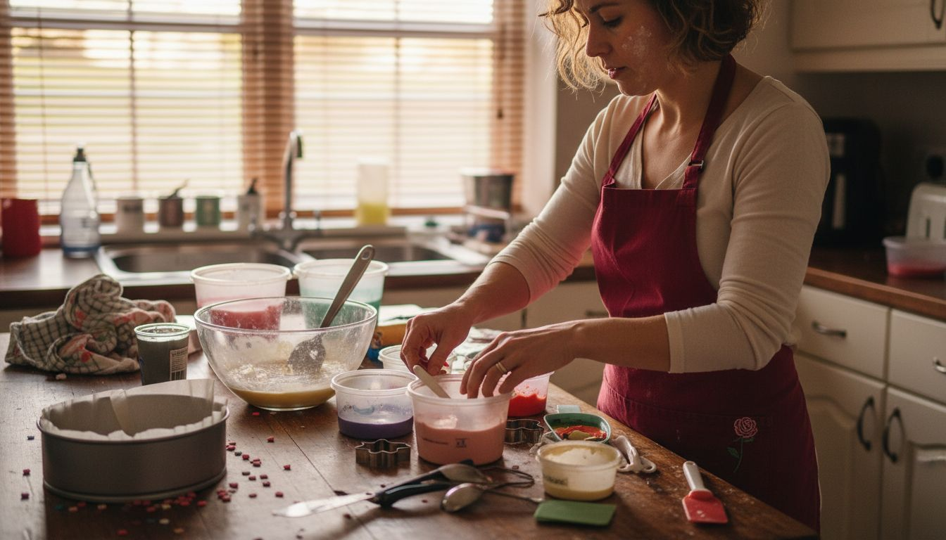 Woman arranging Valentine’s baking essentials in kitchen