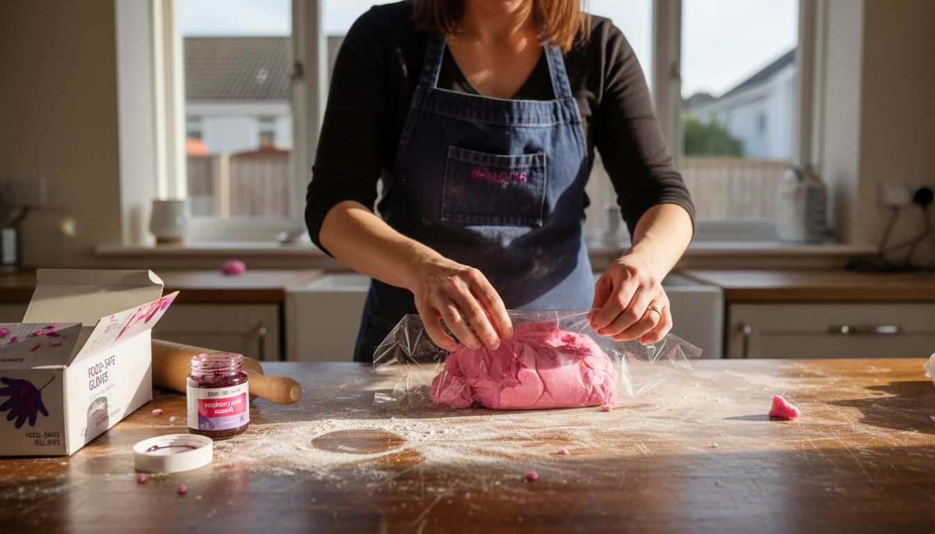 Decorator preparing and wrapping sugarpaste at kitchen counter