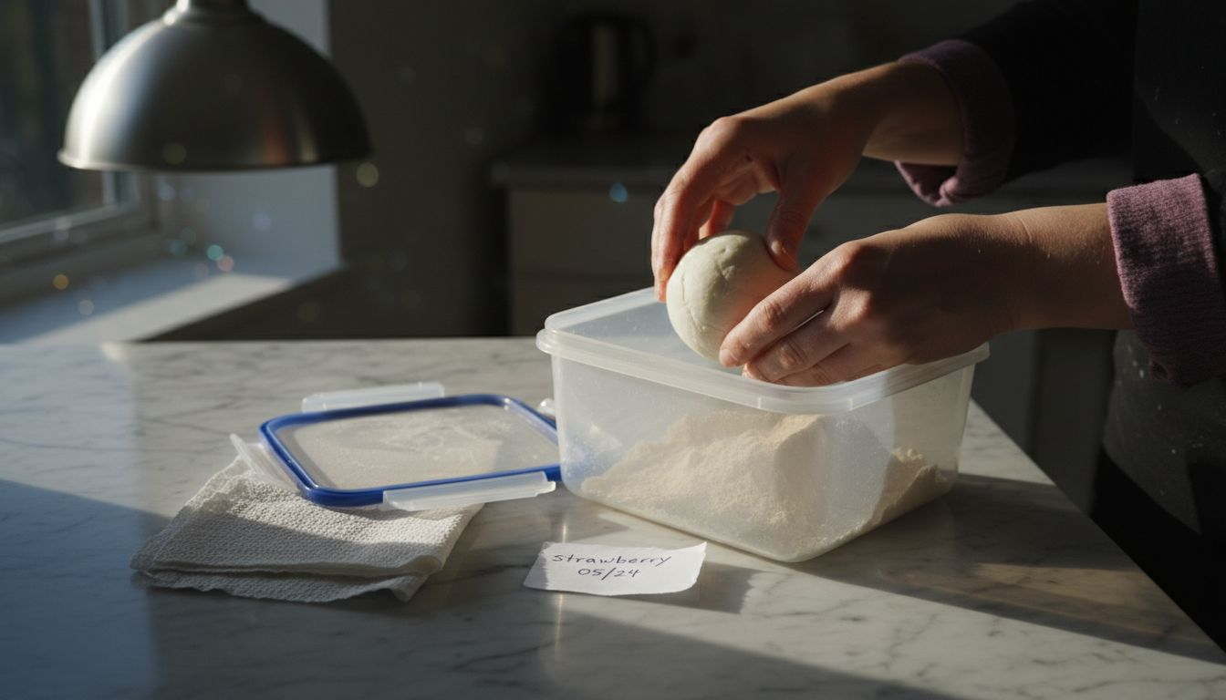 Hands storing wrapped sugarpaste in container