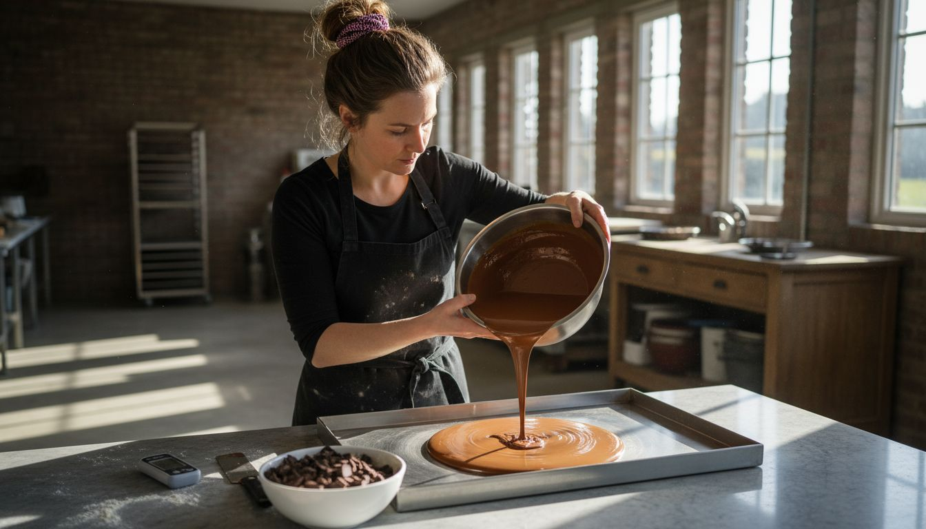 Chocolatier pouring tempered Goldings Chocolate