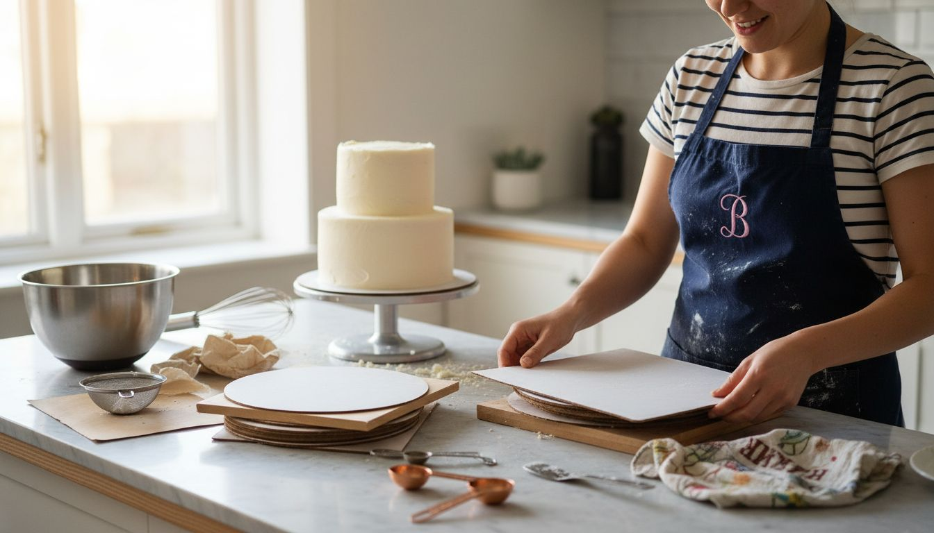 Baker choosing from cake boards on kitchen counter