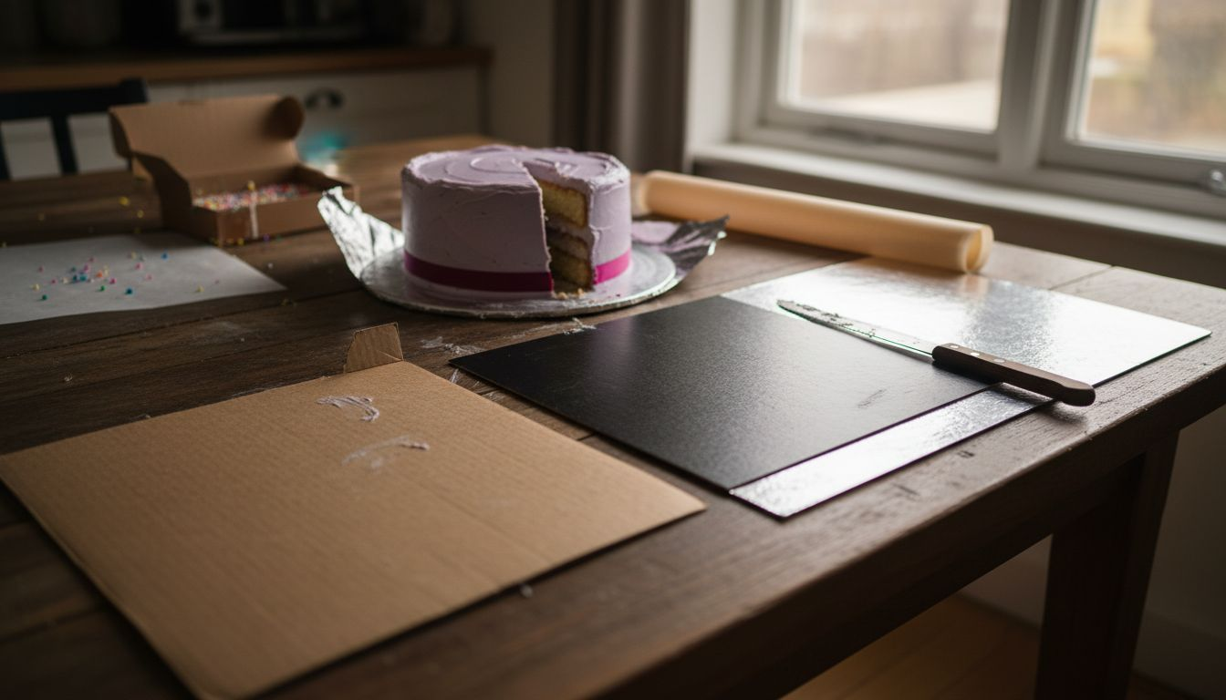 Three cake boards compared with cake and tools