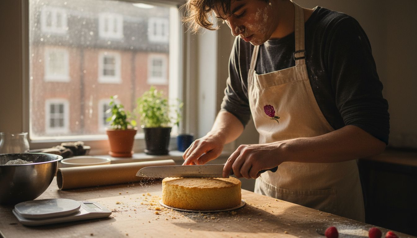 Baker leveling sponge cake in home kitchen