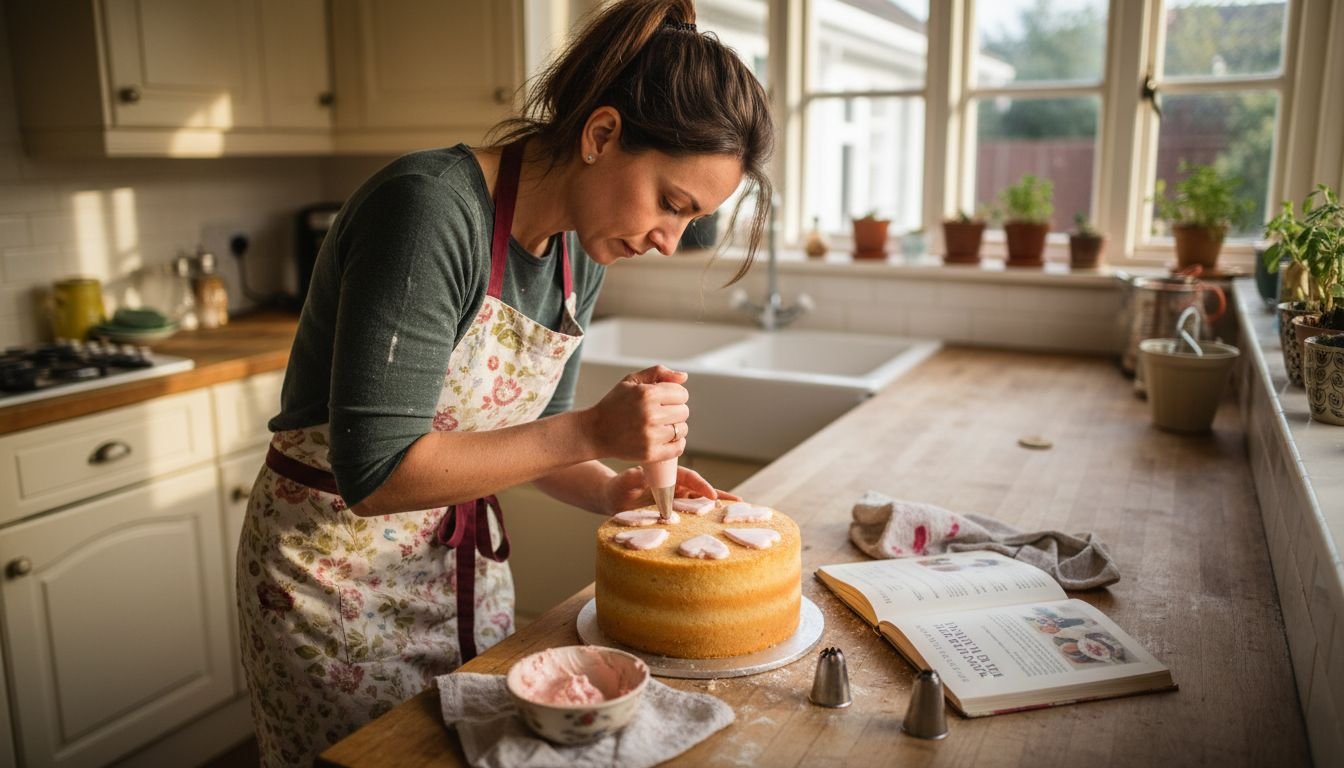 Piping buttercream hearts onto cake surface