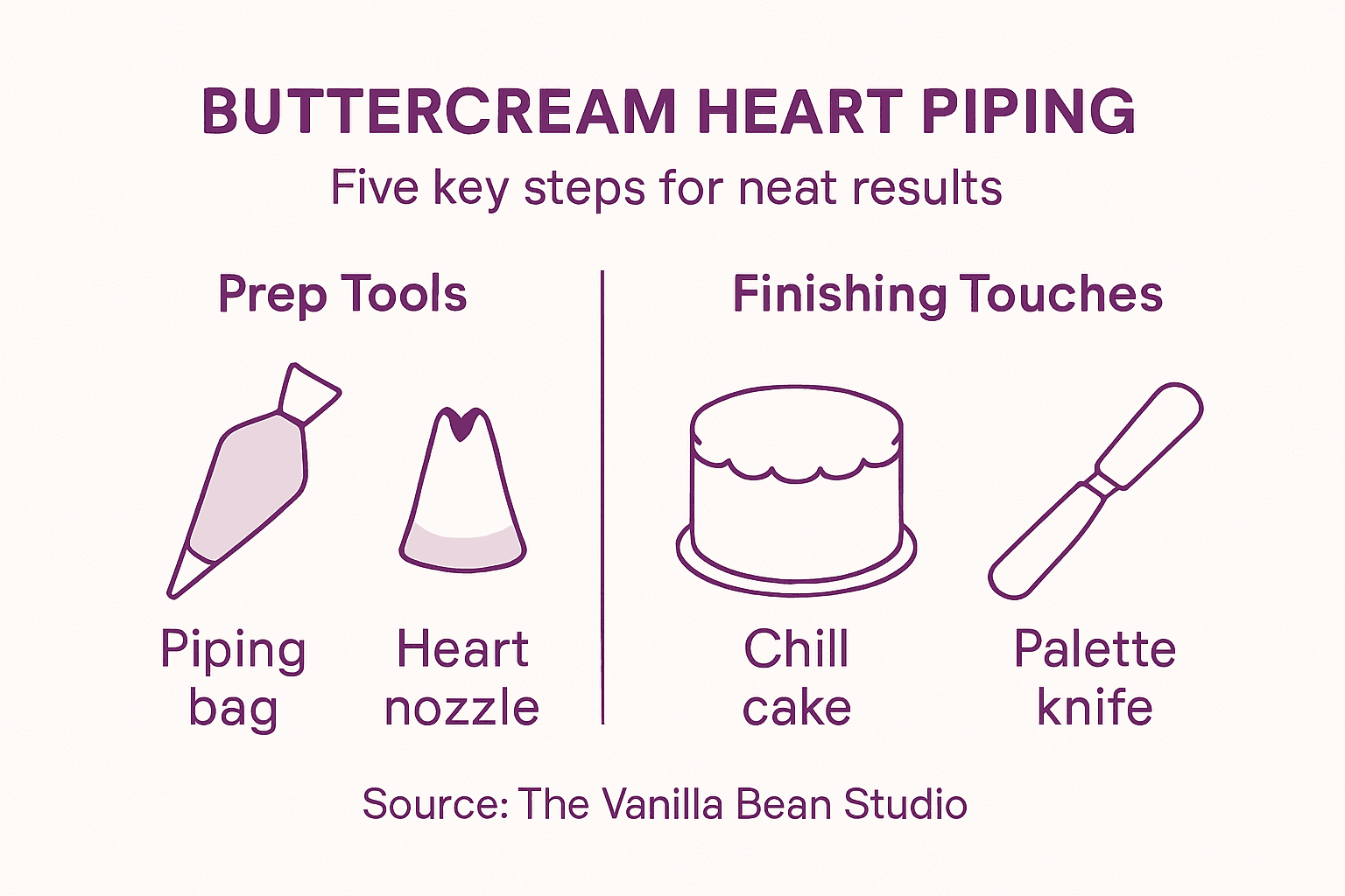 Infographic outlining buttercream heart piping steps