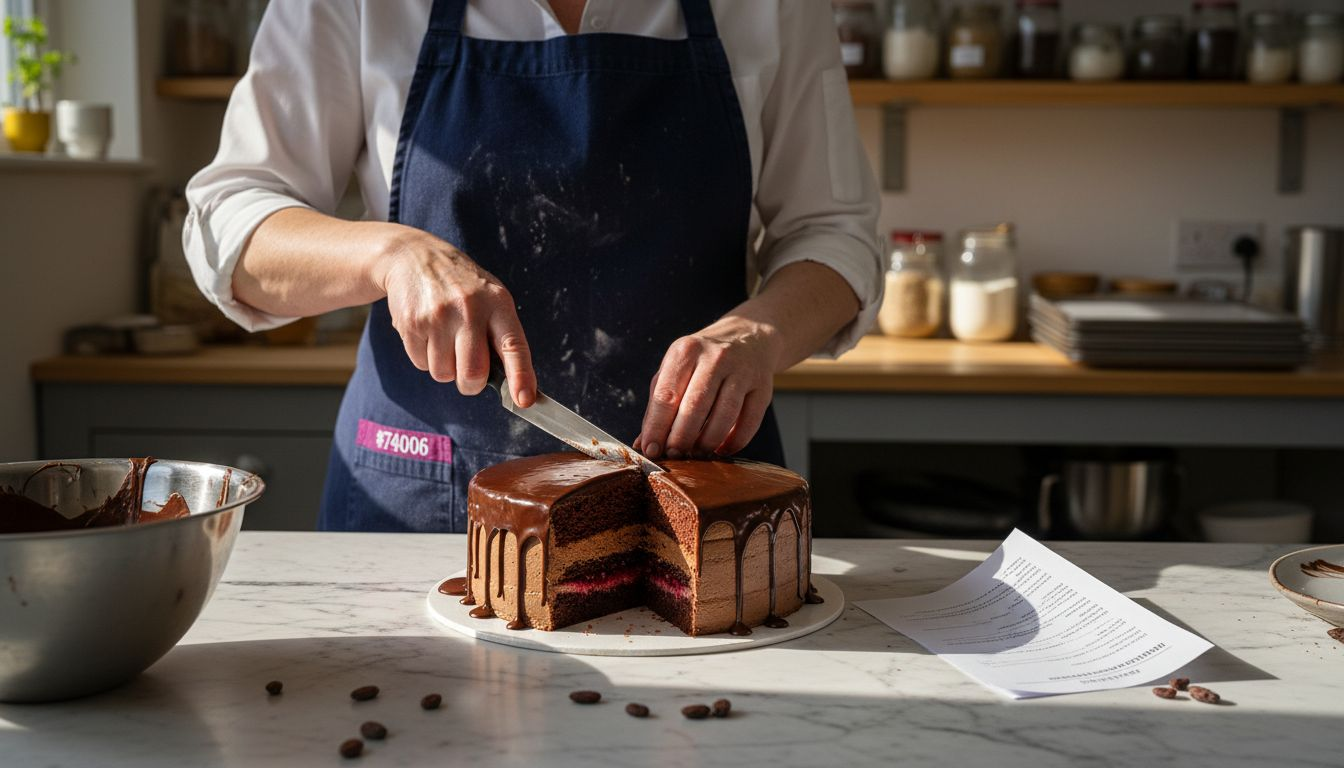 Chef slicing ganache chocolate cake