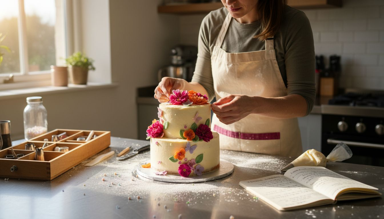 Baker decorating cake with edible flowers