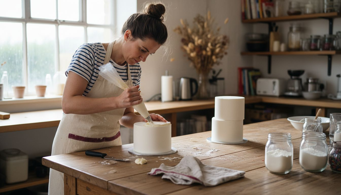 Woman decorating cake dummy in home studio