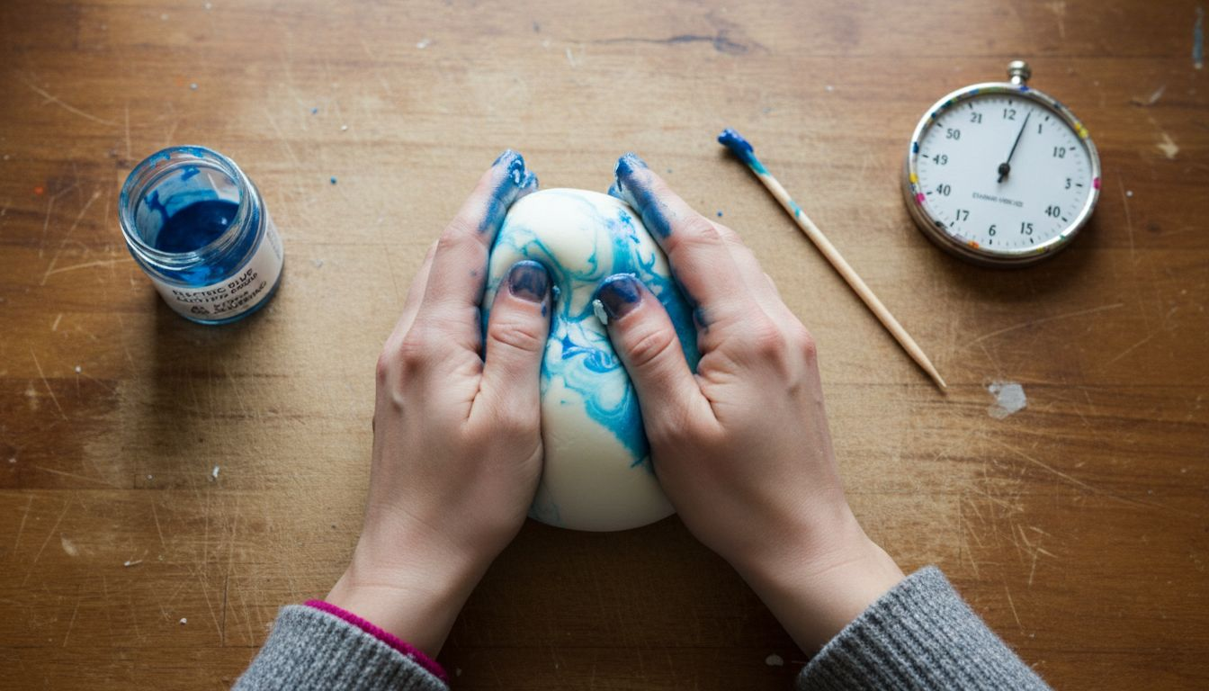 Hands kneading gel color into modelling paste