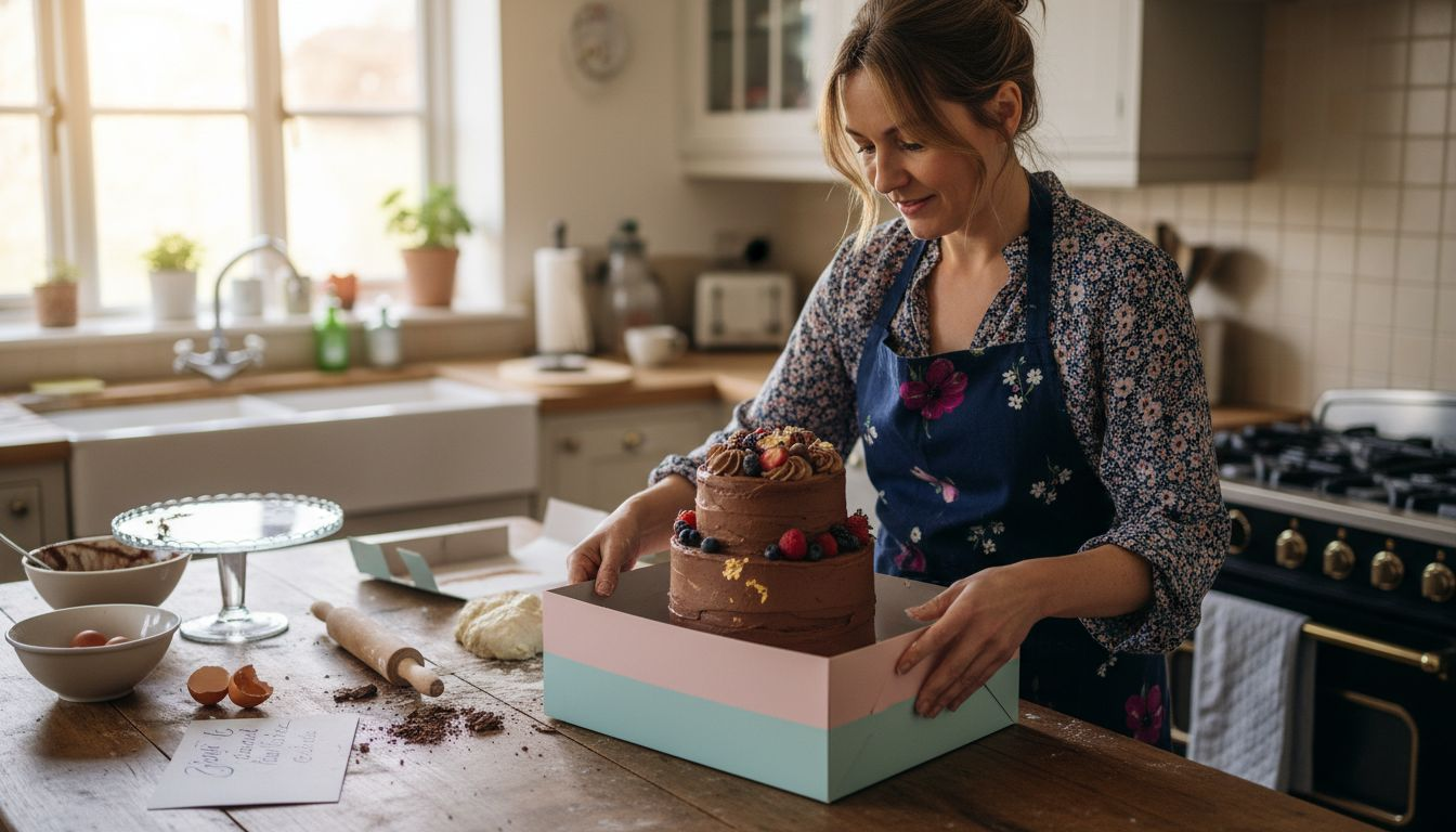 Woman packaging cake on kitchen counter