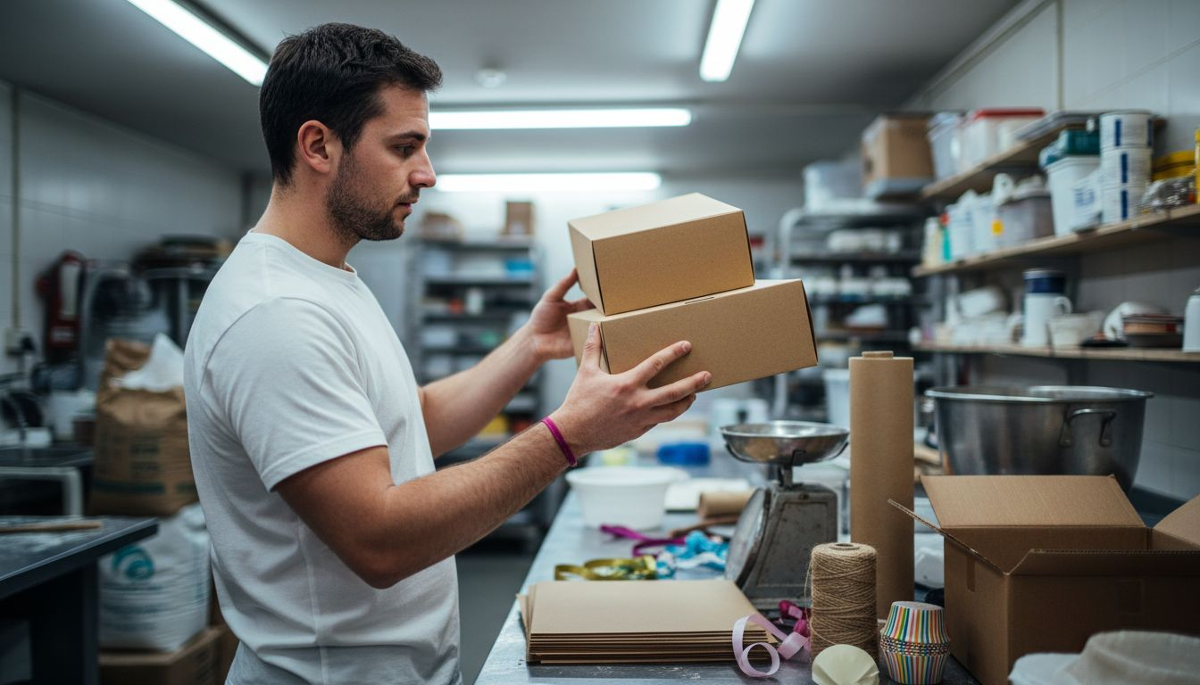 Baker choosing cake box and materials