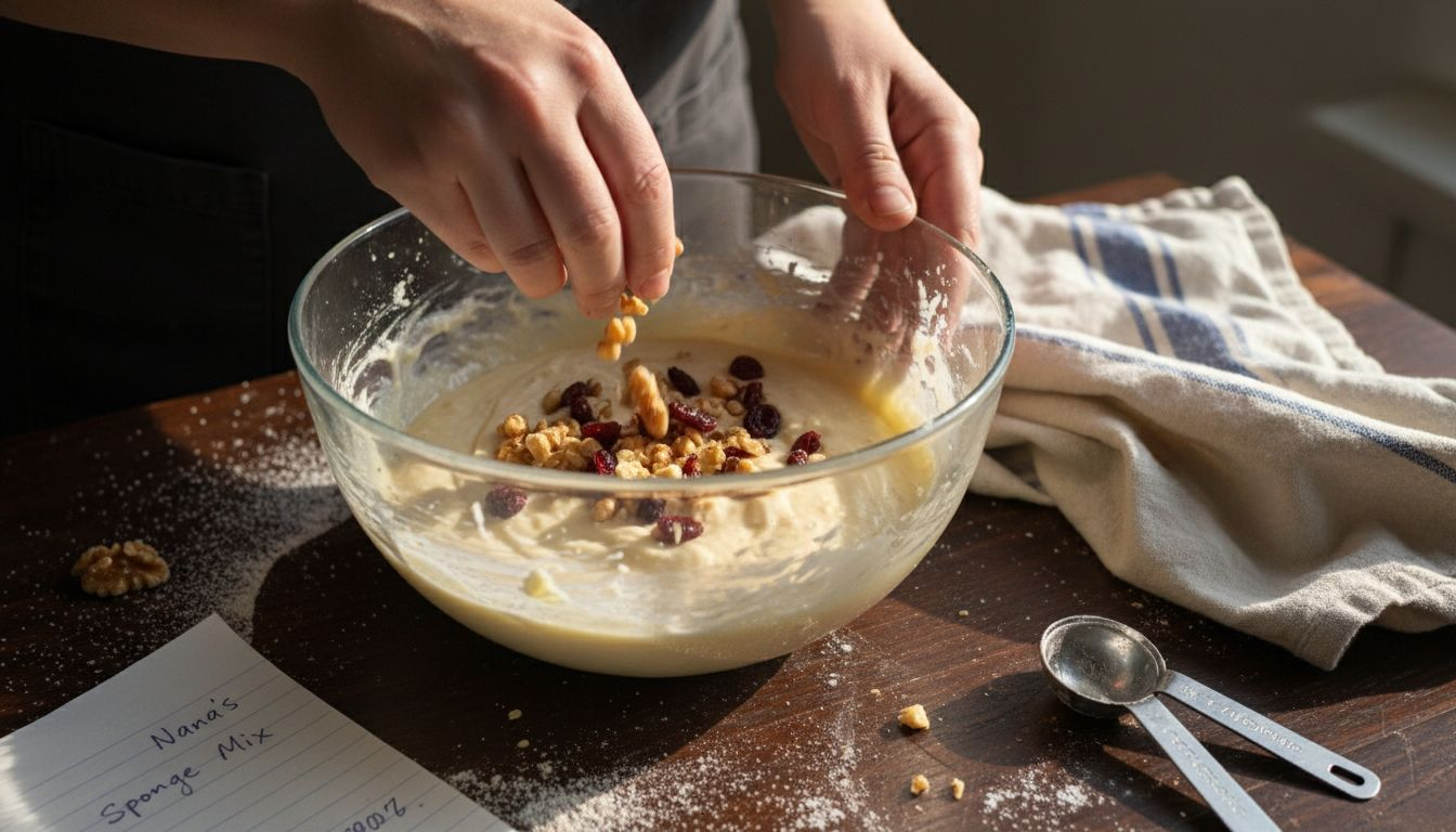 Adding nuts and fruit to cake mix batter