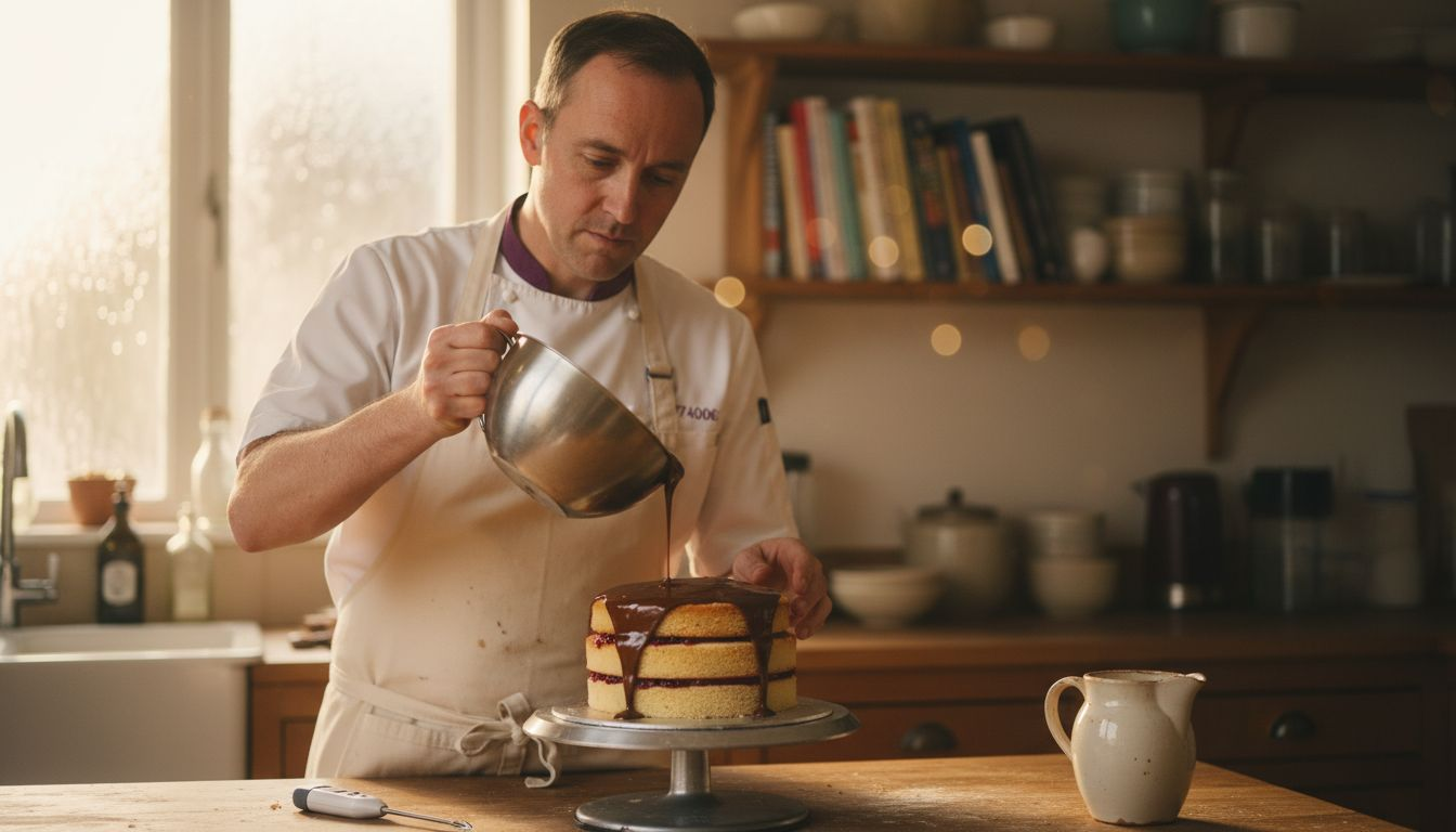 Chef pouring ganache on cake in home kitchen