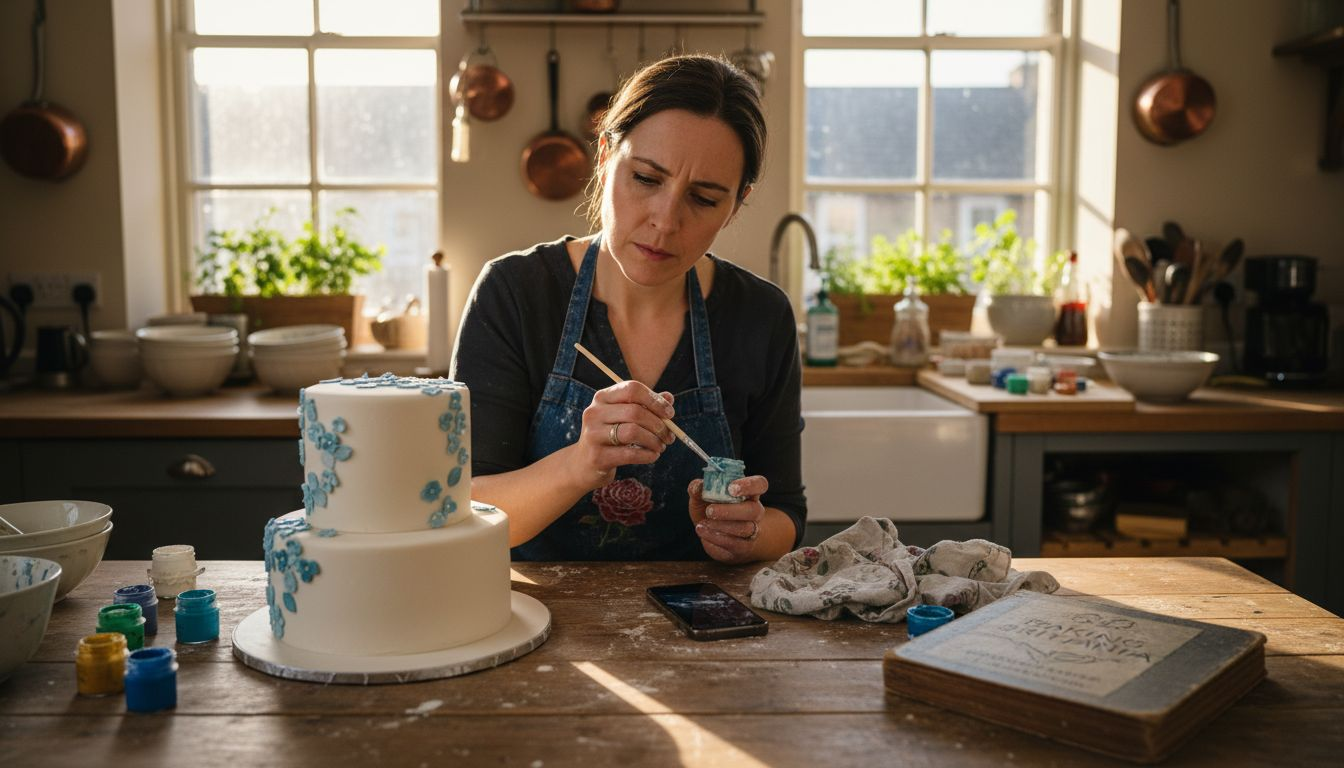 Woman painting cake with edible paints