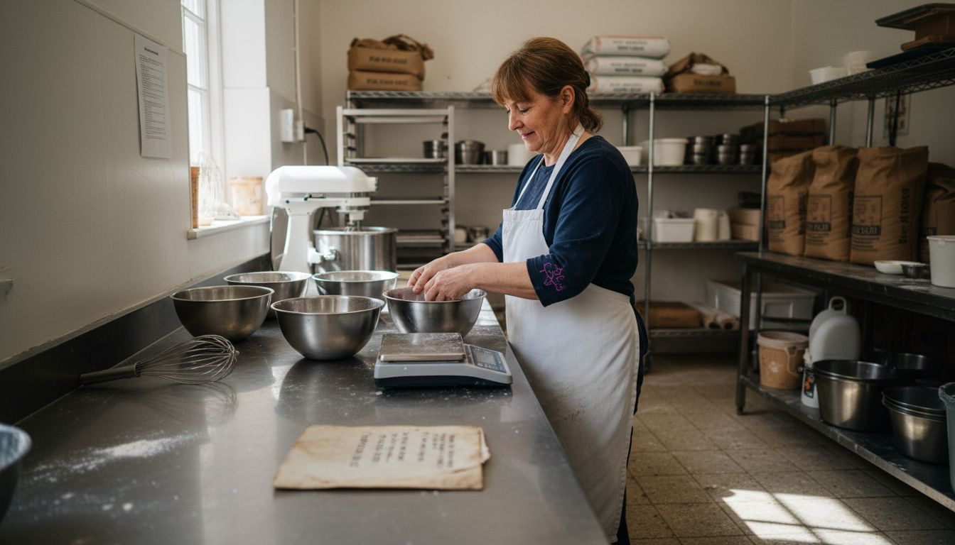 Baker arranging professional tools on counter