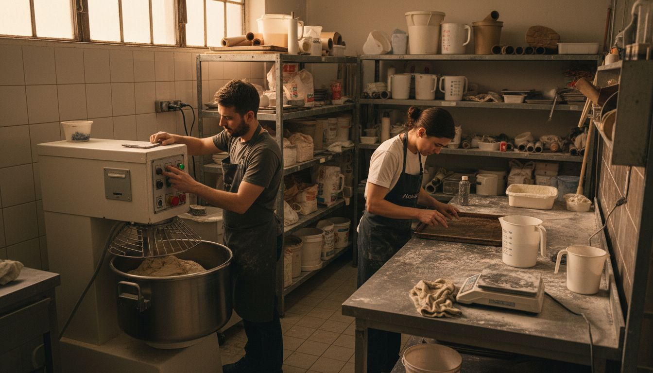 Bakery staff working with dough mixer