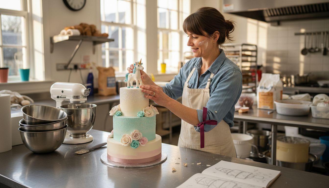 Baker placing handmade cake topper on cake