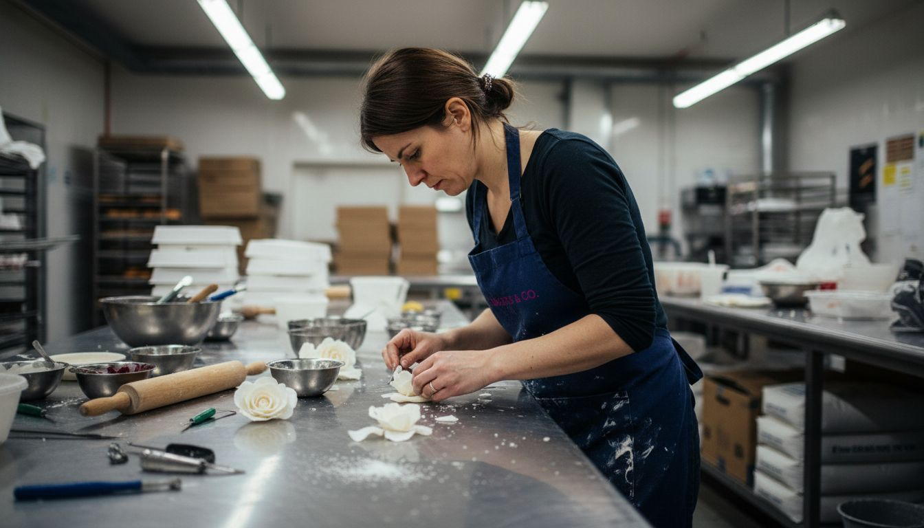 Decorator sculpts sugar paste flower in bakery