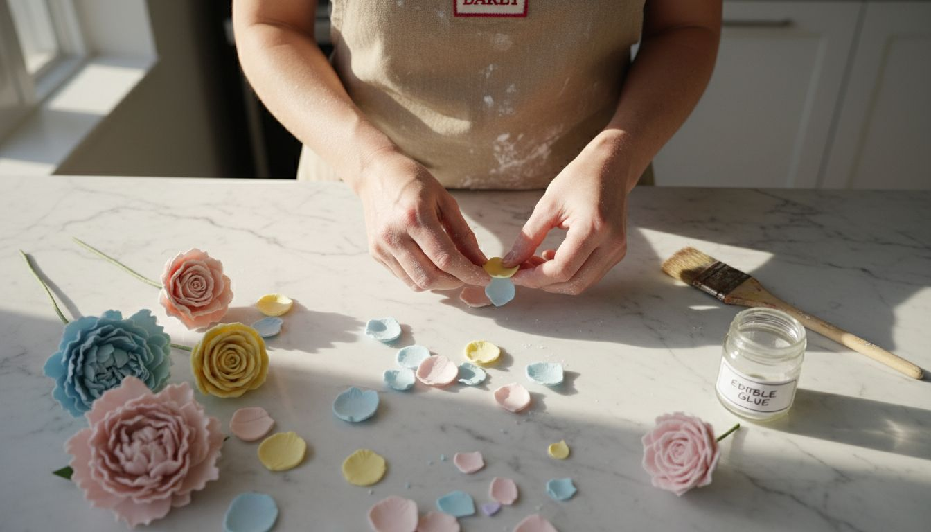 Hands assembling sugar paste flower petals