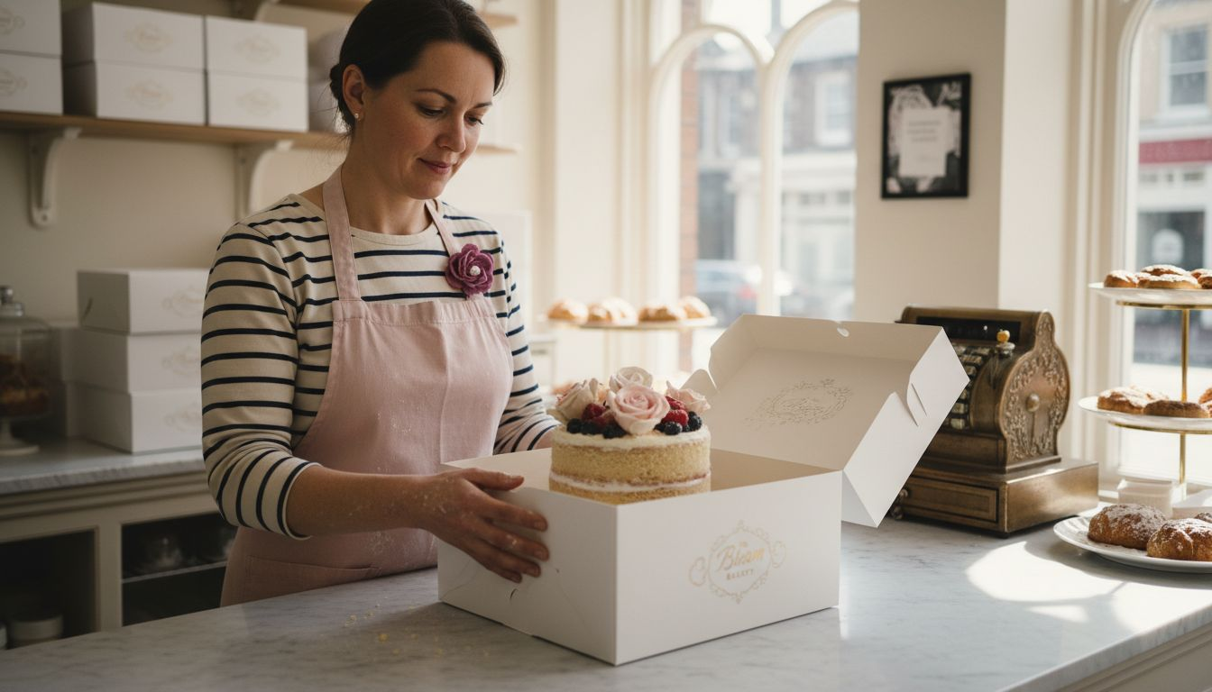 Bakery owner packaging cake in branded box