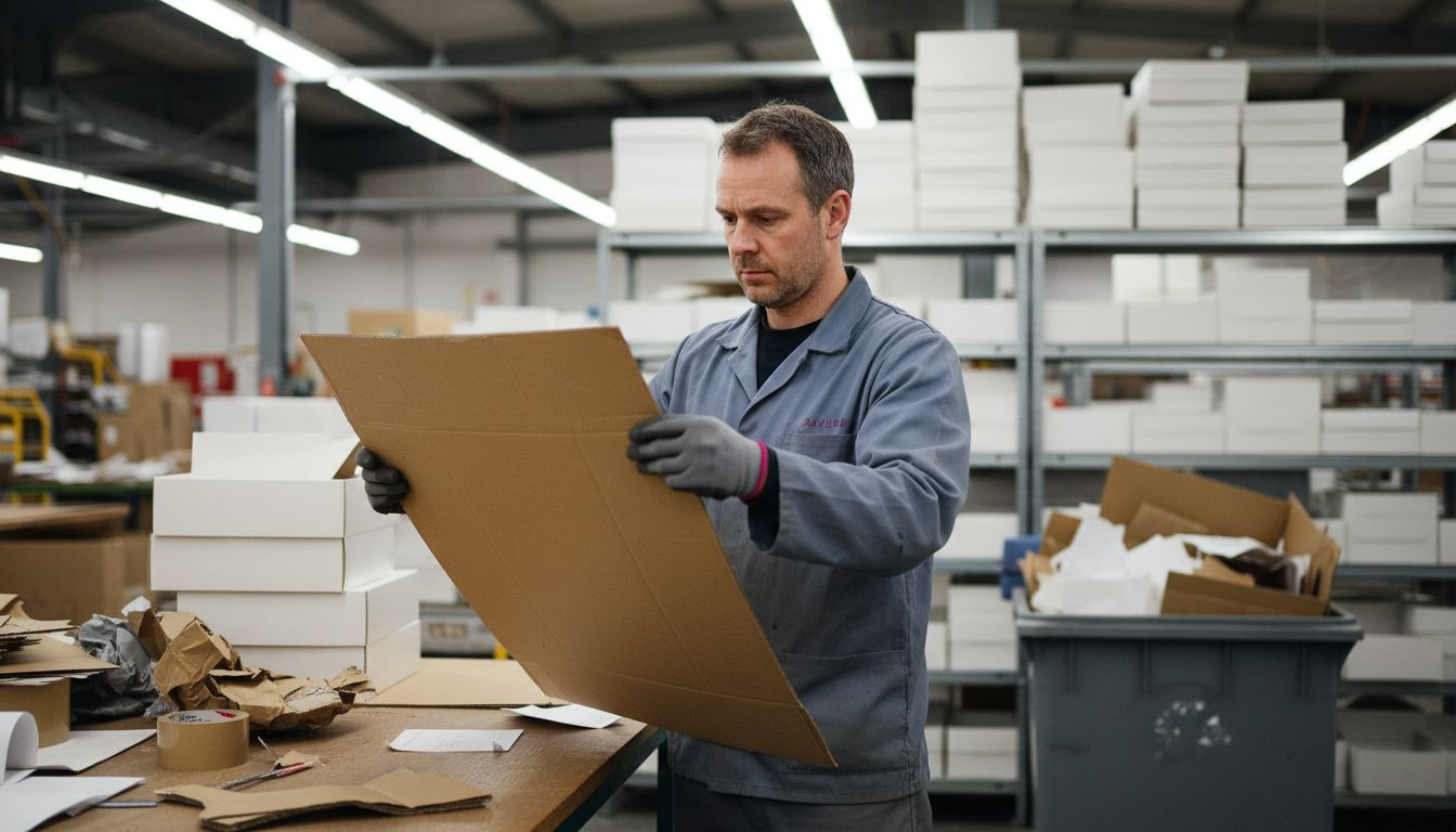 Factory worker checks cardboard for cake boxes