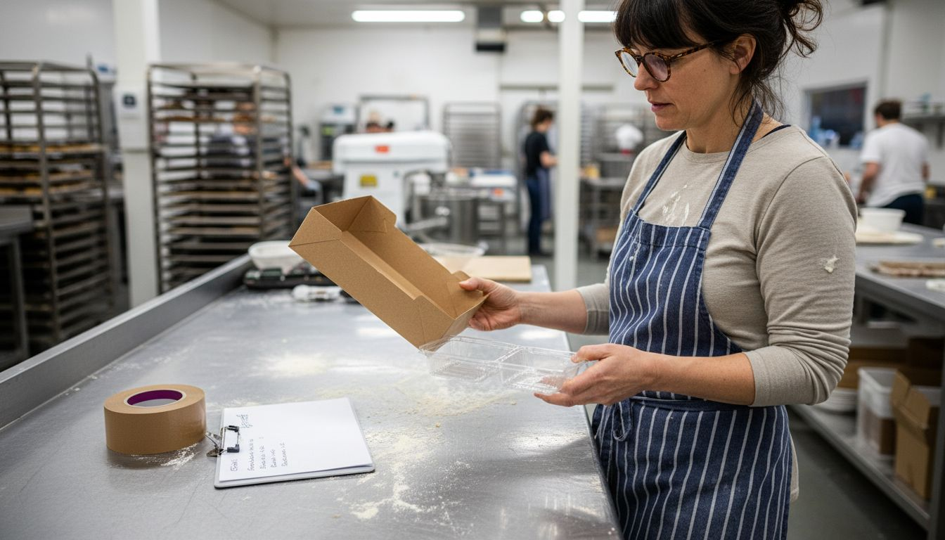 Baker comparing packaging types in bakery back room