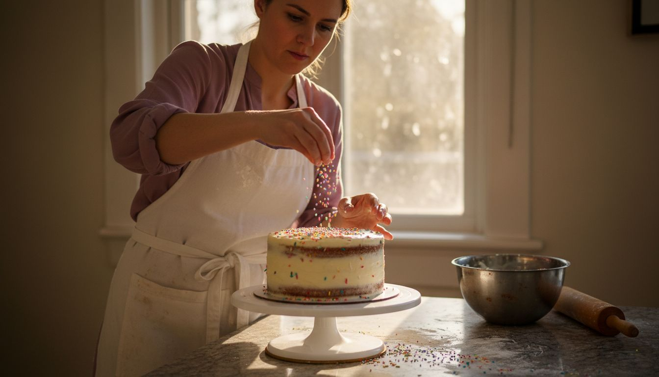 Baker decorating cake with colorful sprinkles
