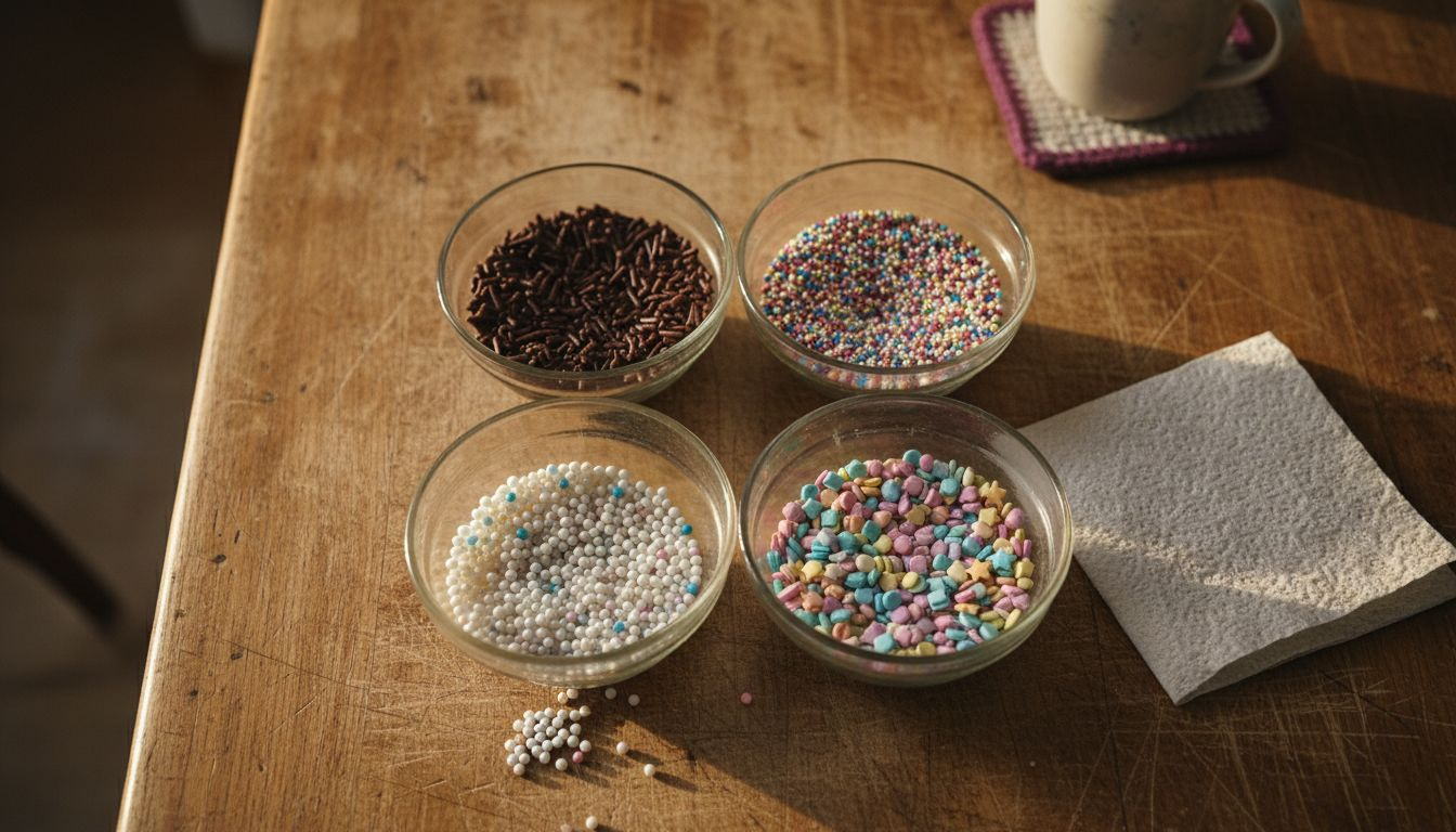 Assorted sprinkles types in glass bowls