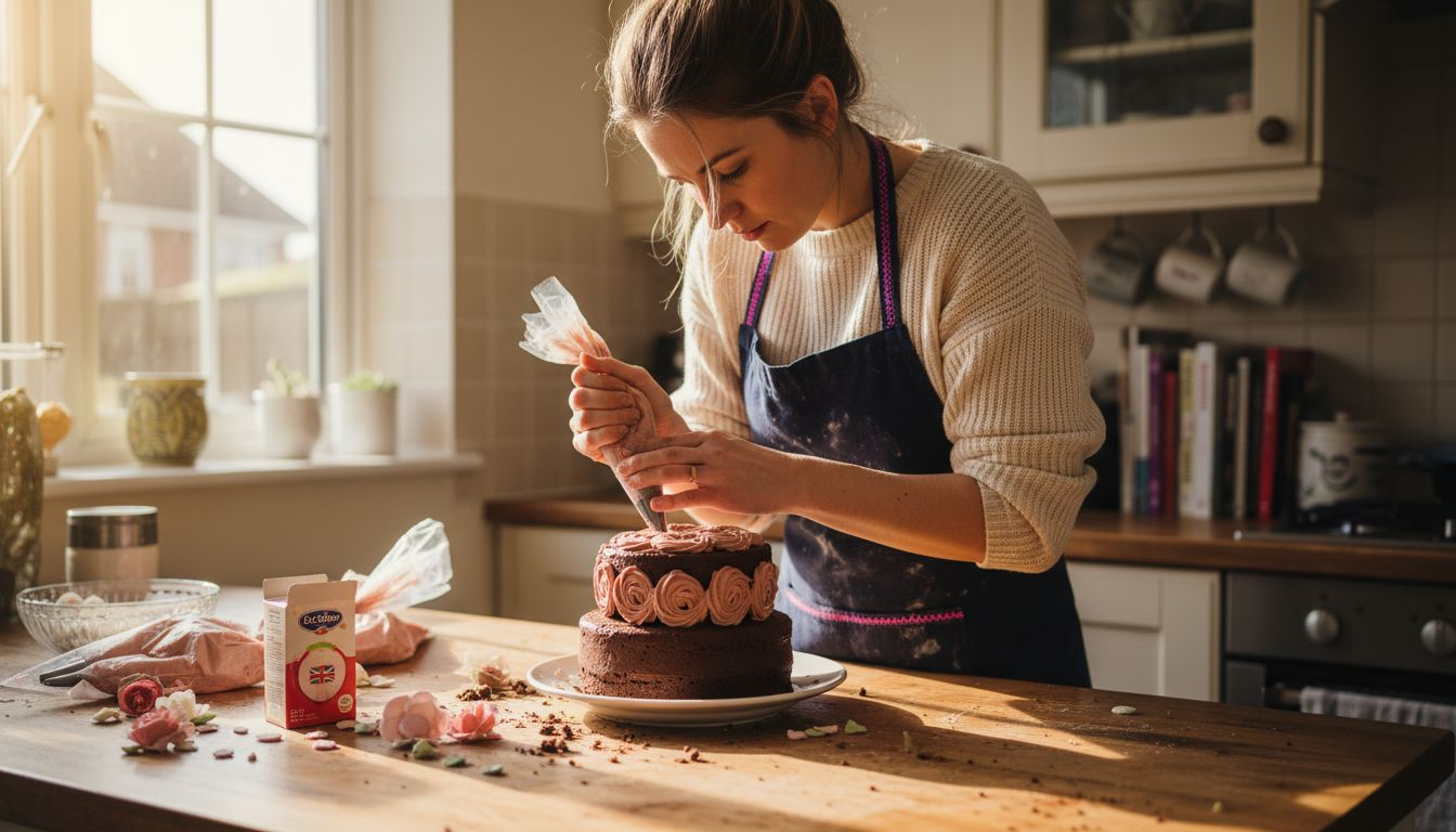 Baker decorating Valentine’s cake in home kitchen