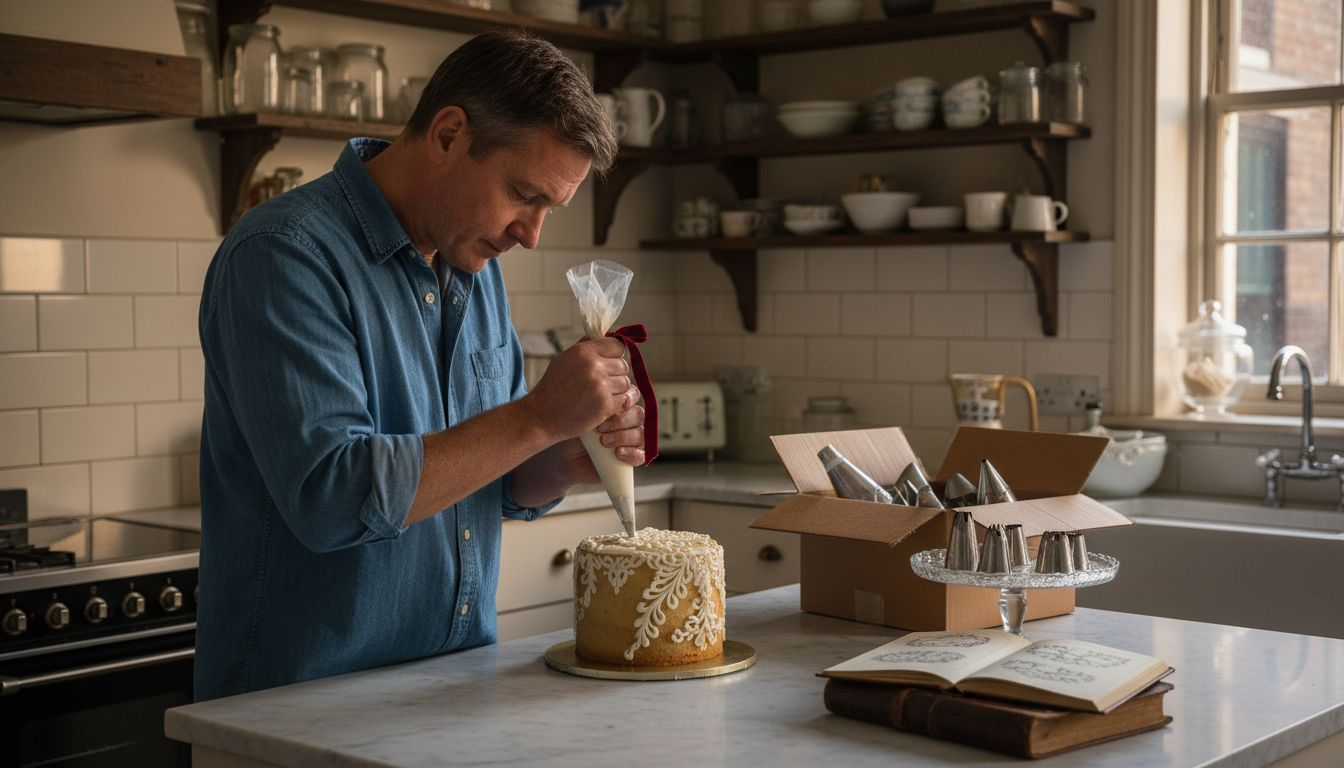 Applying royal icing in vintage UK kitchen
