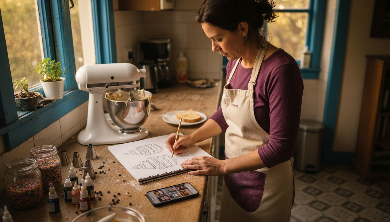 Home baker sketches cake designs in bright kitchen