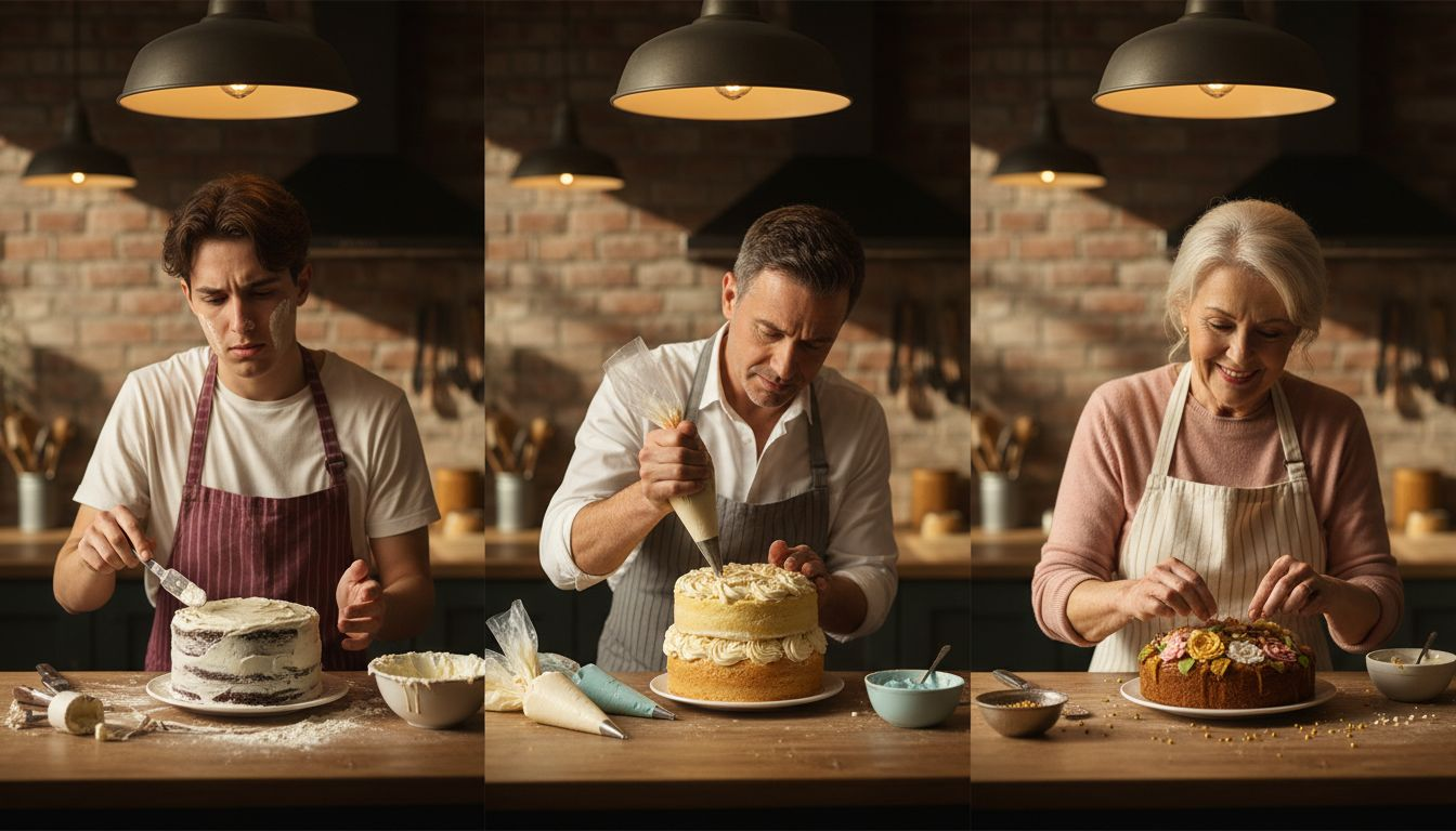 Bakers at various skill levels decorating cakes