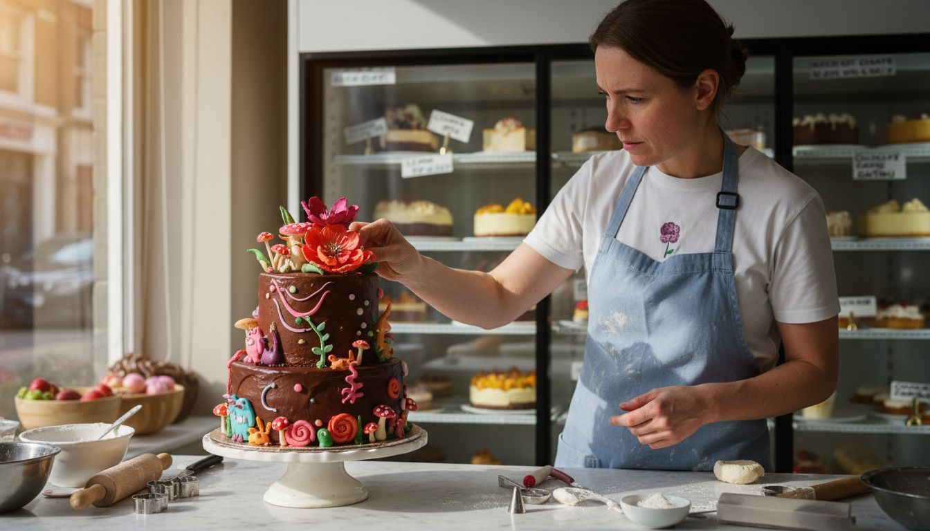 Pastry chef decorating cake with edible toppers