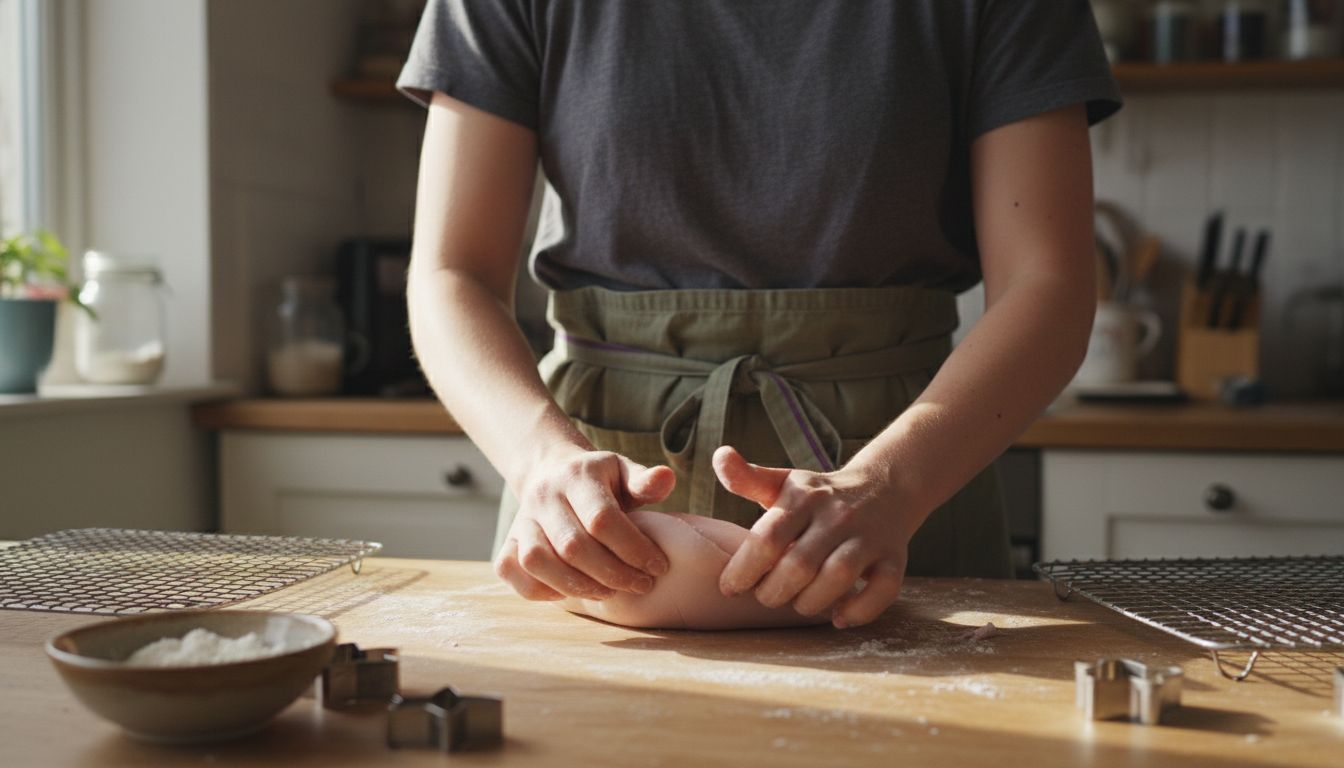 Baker kneading fondant on wooden counter